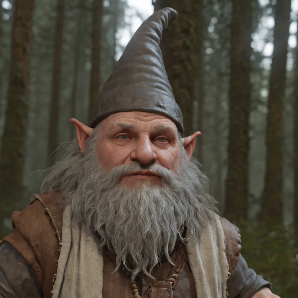 funny forest gnome, in the style of unreal engine 5, duffy sheridan, 32k uhd, douglas smith, michael malm, hyper-realistic representation, close up