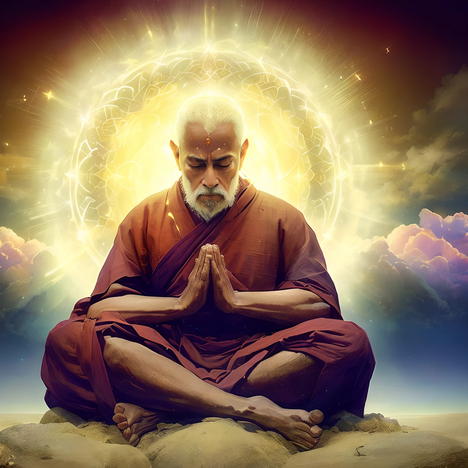 Arafed image of a man sitting in a meditation position, spiritual lighting, monge meditar, holy man looking down at the ground, hindu stages of meditation, sua mente contemplando a eternidade, 2 1 st century monk, orar meditando, wise old indian guru, Zen Meditation, Monge budista meditando, on path to enlightenment, Uplighting, iluminado, spiritual evolution