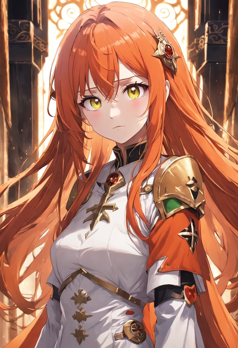 1female, orange hair, long orange hair, green eyes, throne room background, red cross on chest, best quality, detailed face, detailed eyes, red and white clothes