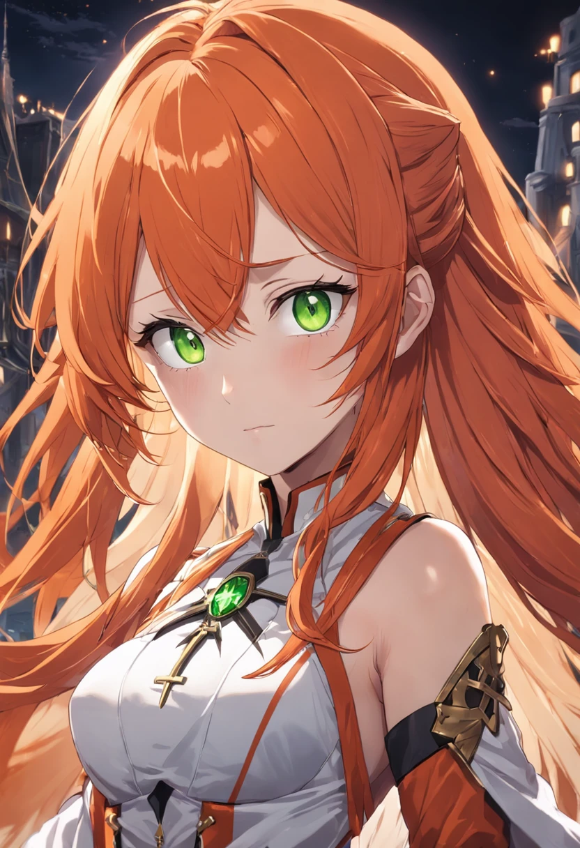 1female, orange hair, long orange hair, green eyes, throne room background, red cross on chest, best quality, detailed face, detailed eyes, red and white clothes