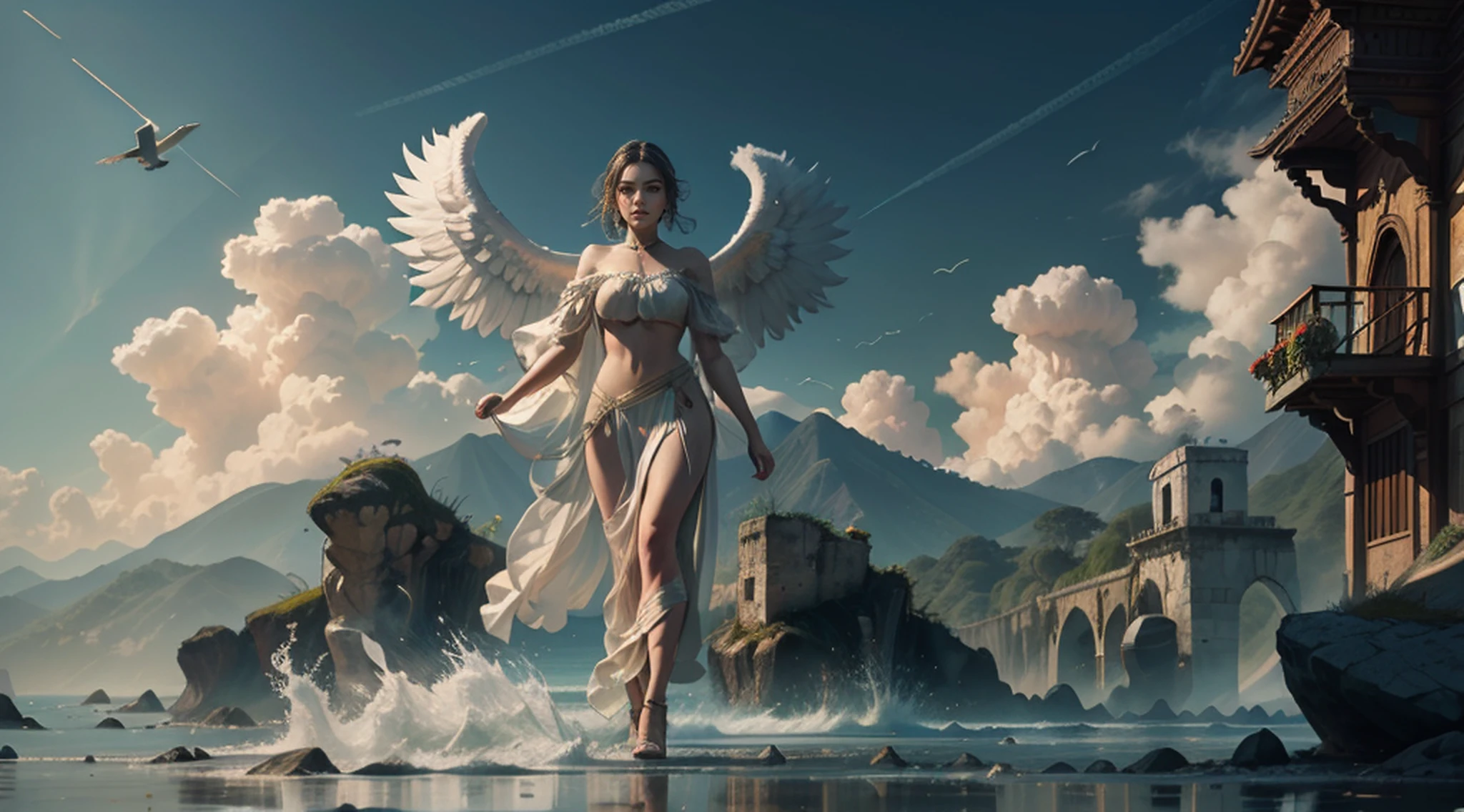 sheaf(there is a woman sitting on a sponges coral, white bird, another female god in cloud coming, full body, cinematic screen, ethereal, detailed, alluring succubus, ethereal beauty, perched on a cloud, (fantasy illustration:1.3), enchanting gaze, captivating pose, otherworldly charm, mystical sky, soft colors, (detailed cloudscape:1.3), (high-resolution:1.2), ((masterpiece)), (best quality), HDR, ((masterpiece)), (best quality), HDR, FEMME,artistic, Soft color palette, windblown flowers, Sparkle, magical photography, Soft smooth lighting, Light background,[light smile], expressionless, ON beach, sea, dramatic sky, warmtone, woman running,, a mature sad female, ethereal, large breasts, vivid color, bare shoulders, arms down, armpits, thighs, [light smile], expressionless, masterpiece, 8k resolution, fantasy art, ((high jumper's body proportions)), ((((no panties)))), ((no panties))), ((( No pants))),(((No socks)))),(No skirt)))),((No shoes)))),((Dynamic posture)))), (Full body))), , (Greek feet), (Carefully groomed nails),((Delicate and small toes, perfect toes))), (Camel toes),((Correct anatomy)),((Correct dissection))),( Clothing: high slit design, white flowers cut at the waist, perfectly blending with the figure))), (((the world of clouds and mist))), (the clothes are painted with dirty and blood )))),