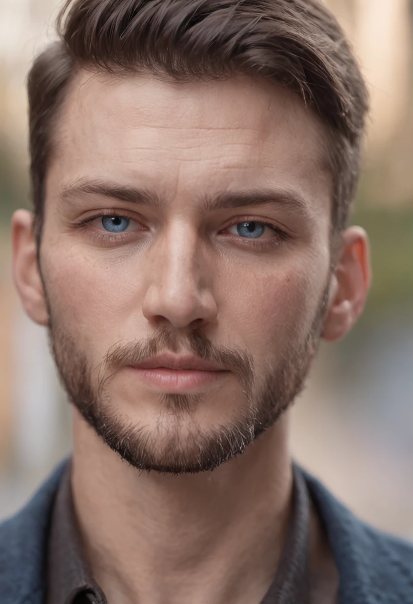 of a real,Facial features are carefully depicted,Realistic skin texture,Uncle Beard,(male people:1.4),He had a scar on his face,closeup cleavage,head portrait,Pout,Blue eyes,Short-cut hair of maroon color,depth of fields,dynamic blur,high light,Real light,Ray traching,oc rendered,Hyper-realistic,best qualtiy,8K,Works of masters,super-fine,Detailed pubic hair,Correct anatomy,sharp focus on eyes,Bokeh,Facial features are carefully depicted