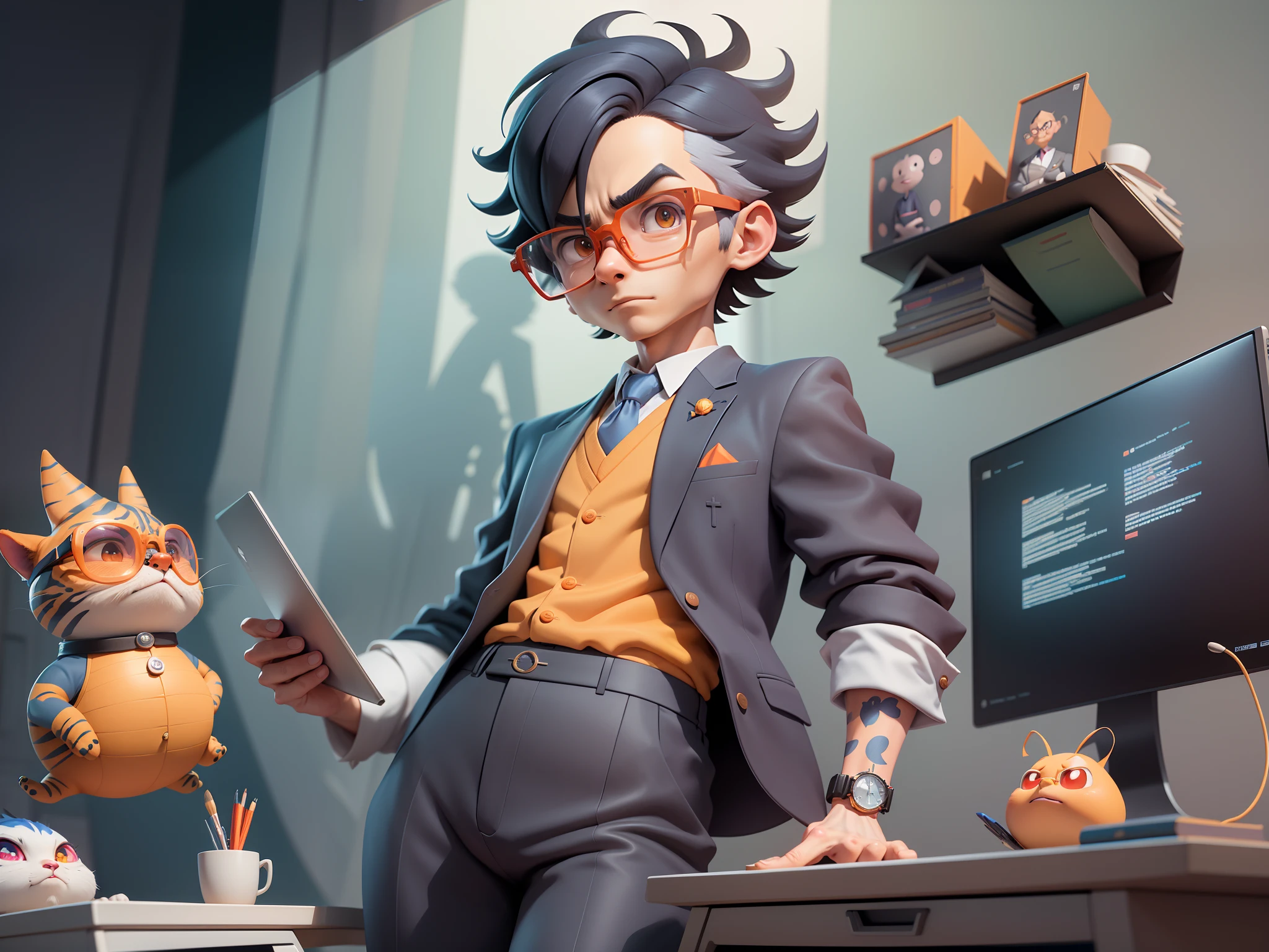 A young man in a suit, Short hair and glasses sat at his desk,holding laptop,digitial painting,tigre,3D character design by Mark Clairen and Pixar and Hayao Miyazaki and Akira Toriyama,4K HD illustration,Very detailed facial features and cartoon-style visuals。