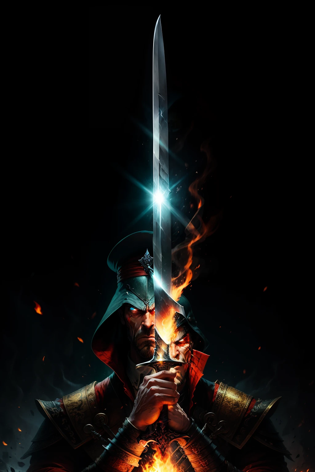 Create a photo that a man having a sword in his hands with one open & other closed with a scar ,with a big fitted body , fully angered face, on the top of dead bodies