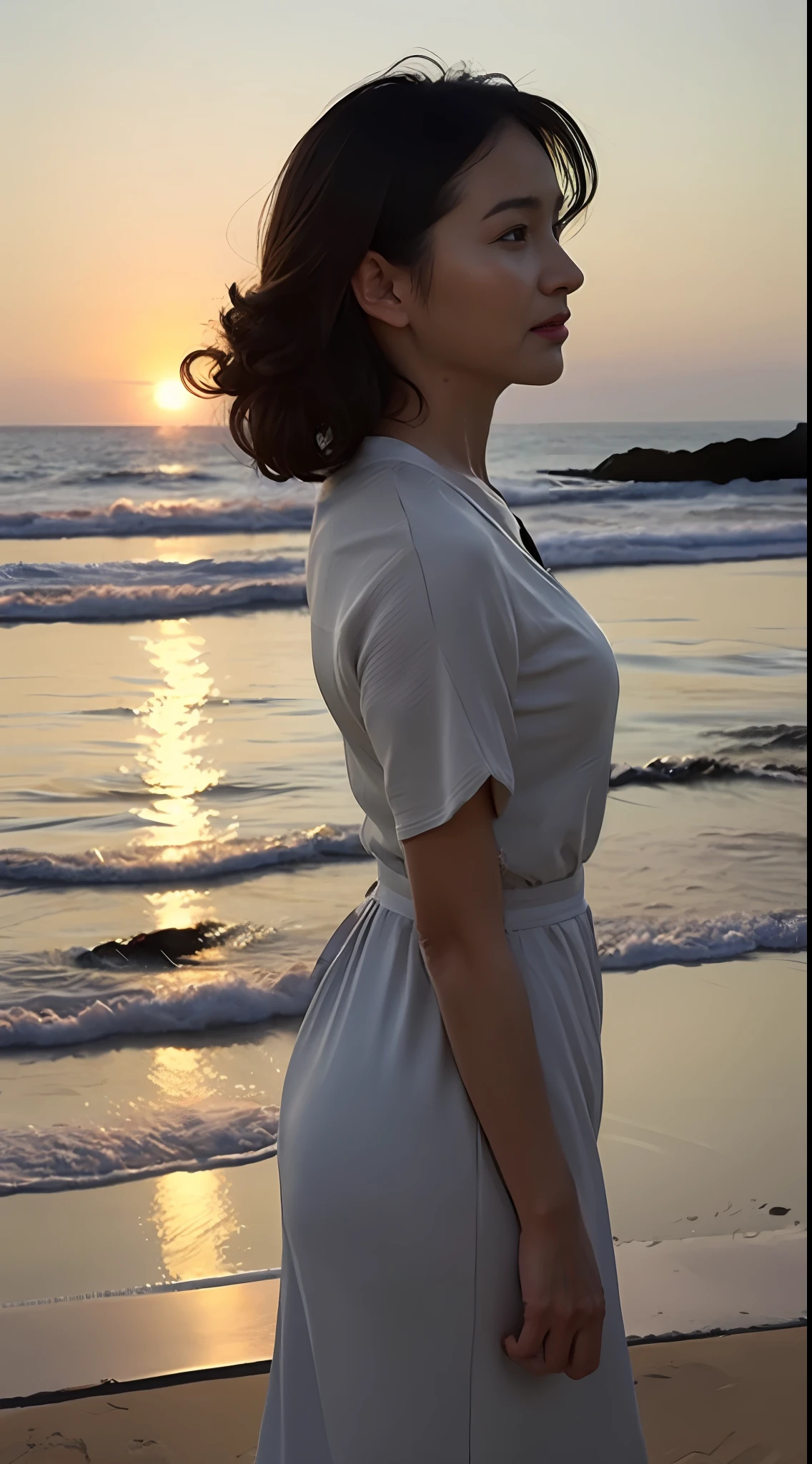((best qualtiy,8K,tmasterpiece:1.3)), realisticlying, Sharp focus, high qulity, A high resolution, 中景 the scene is,Side rear,Look up at the sunset,Smooth face, 独奏, Yellow people, middle aged women, Beautuful Women,35yo, plumw, Wavy curly hair, Sunset Beach,whiteskirt,