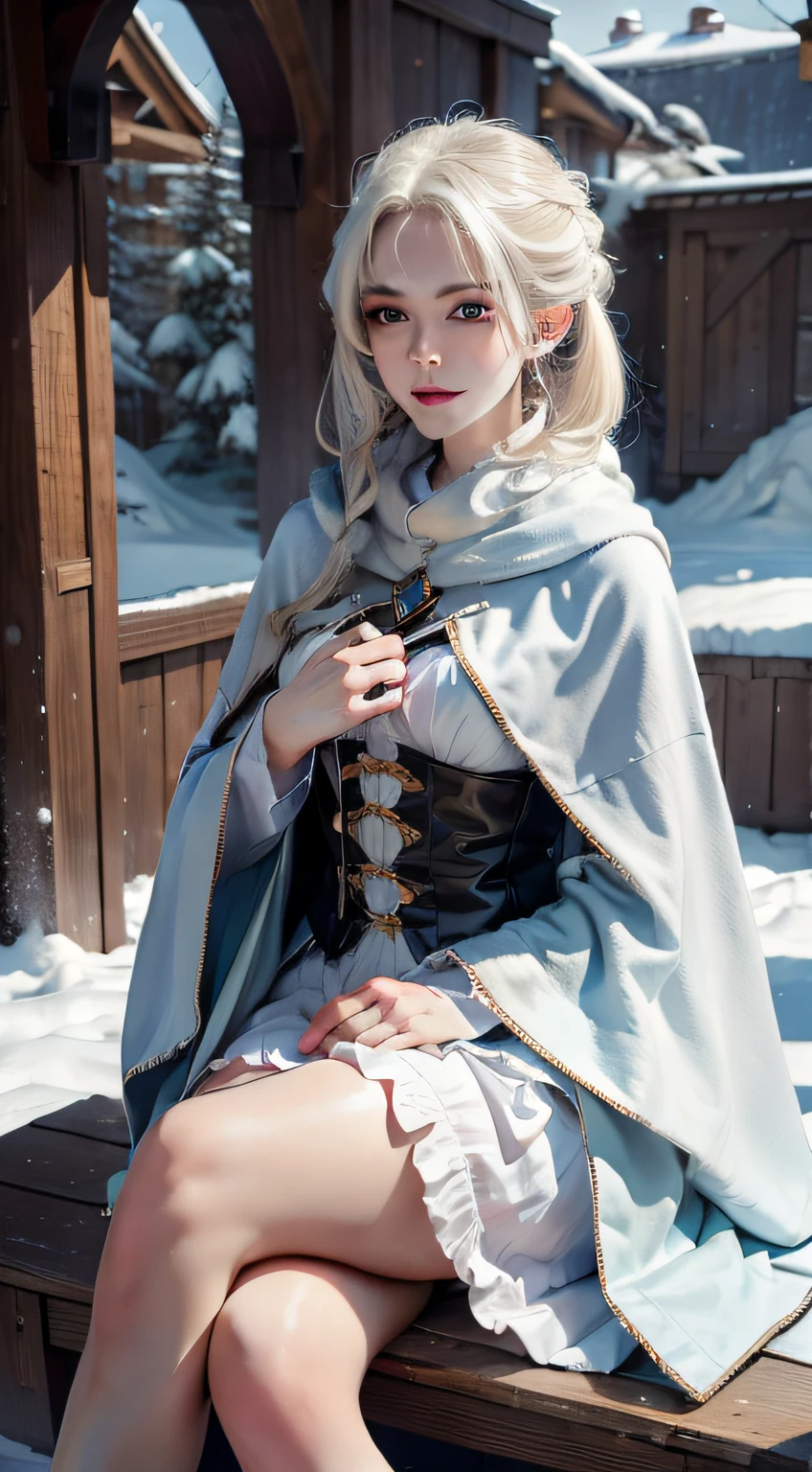 (8K),Photorealistic, high resolution, 1 Women, Solo, (Lolita costume), Beautiful eyes, White hair, ringed eyes, (sitted,Cloak,Cover with snow),snowfield,