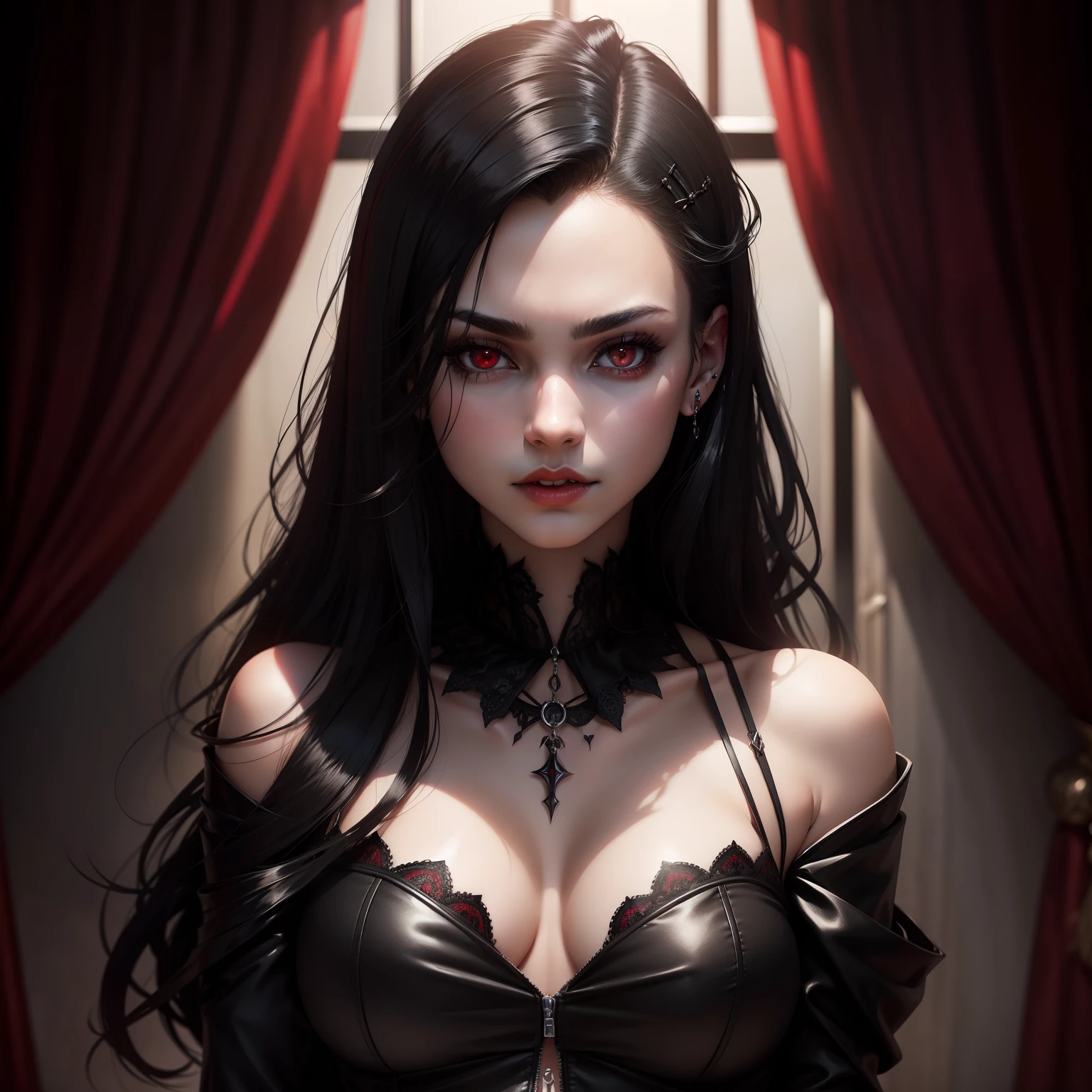 beautiful, gothic vampire with a modern twist, capturing the essence of a ager's portrait; a realistic portrayal with sleek black hair, piercing red eyes, and a hint of mystery.