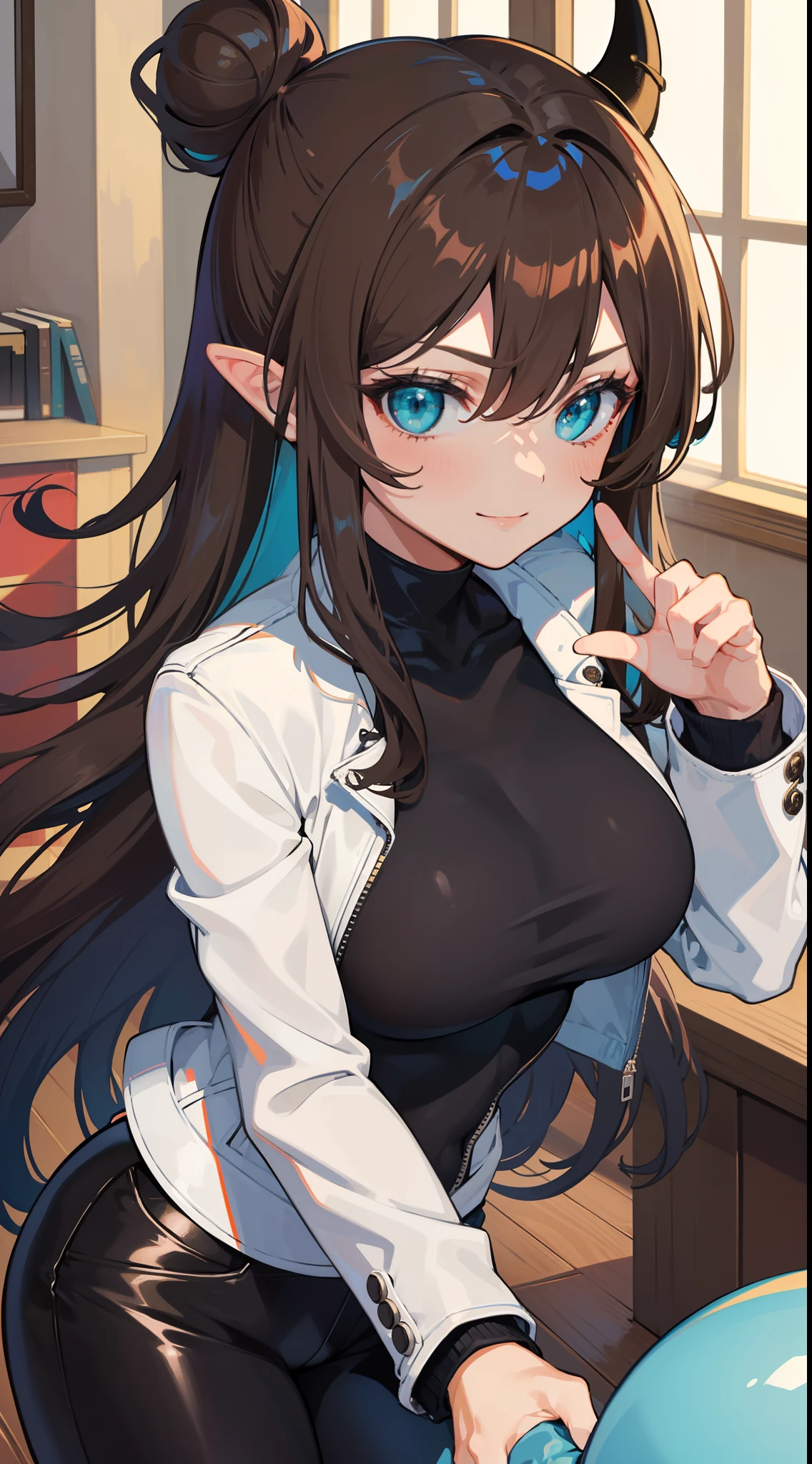 Adult woman, Long brown hair, hair in a bun, Cyan eyes, dragon horns, black tight pants, Black tight top, White leather jacket, ssmile, Masterpiece, hiquality