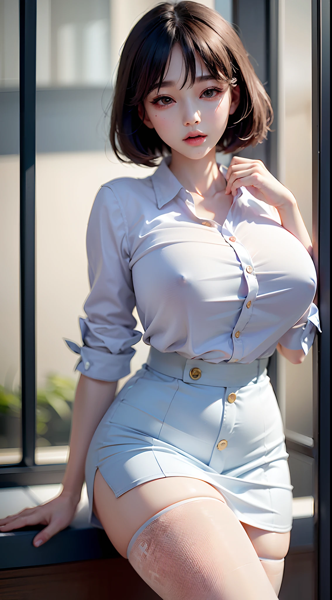 Business suits (skirt) Japanese woman in clothes (((Business suits (skirt) Wear a shirt with white buttons))), (((Wearing pantyhose))), (((M-shaped open legs))), (((Huge breasts :1.5, and droopy breasts:1.5))), (low angle shots), (((big grin))), fluffy breasts, Side chest, open chest, Close-up of the top of the chest, Korean Girl, Beautiful Korean Woman, Gorgeous young Korean woman, Beautiful young korean woman, asian girl, young adorable korean face, Portrait of a Korean female idol, a Korean woman, Popular Korean makeup, Medium short hair, Popular Korean makeup, (8K, Raw-Photo, Top Quality, masterpiece: 1.45), (NSFW (New South Wales) (New South Wales) (New South Wales):1.25), ulzzang, ulzzang-6500-v1.1, pureerosface_v1