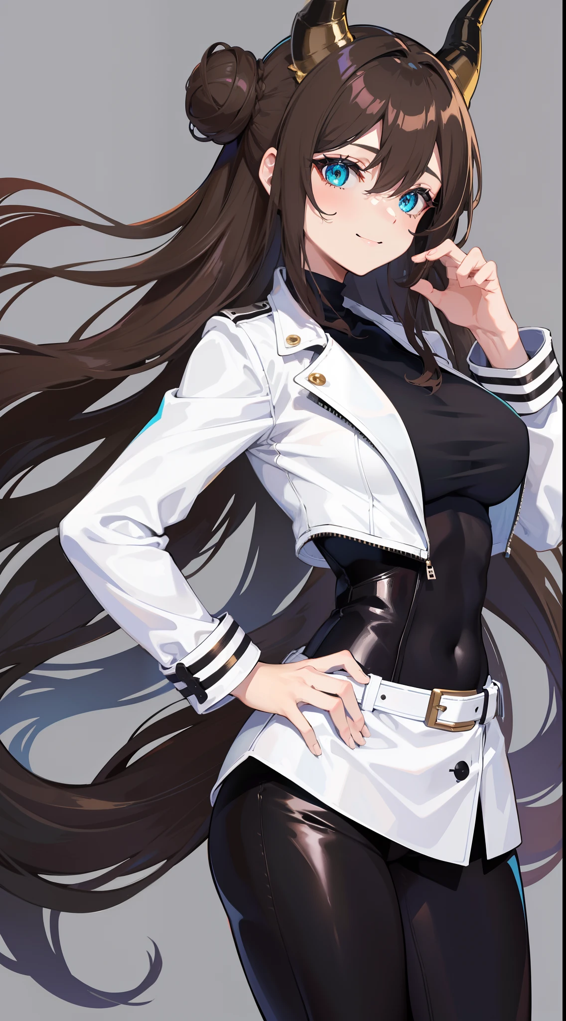 Adult woman, Long brown hair, hair in a bun, Cyan eyes, dragon horns, black tight pants, Black tight top, White leather jacket, ssmile, Masterpiece, hiquality