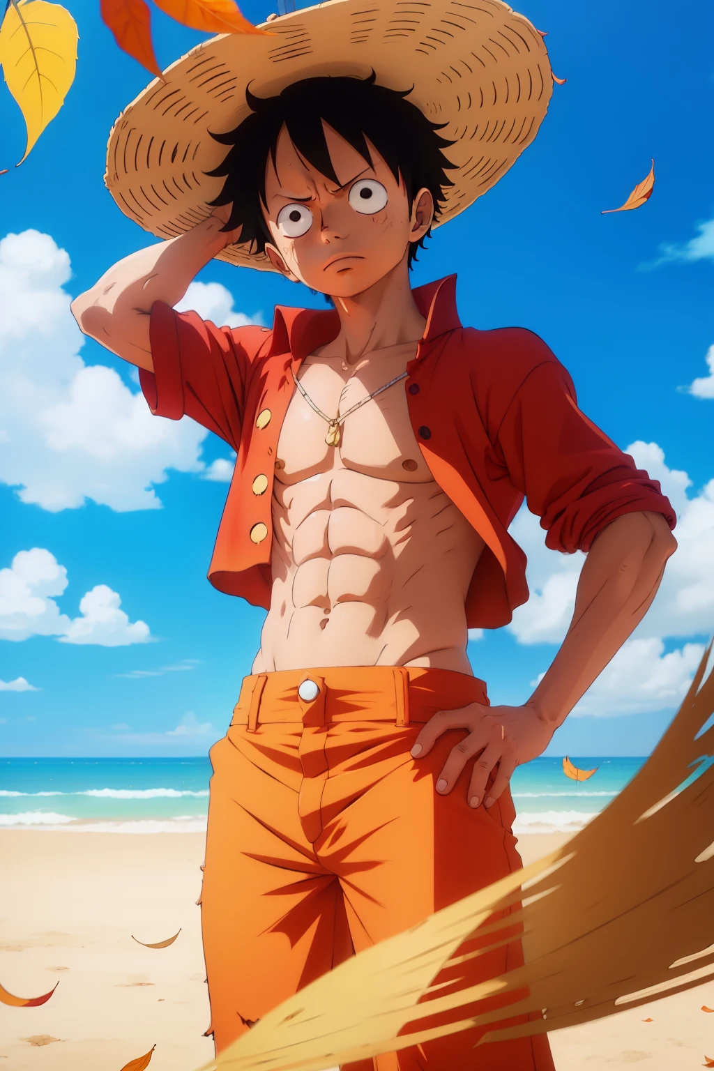 anime style, Monkey D. Luffy One Piece, warm weather, vivid colors, magnificent blue sky, windblown leaves, cinematic shading, CG anime