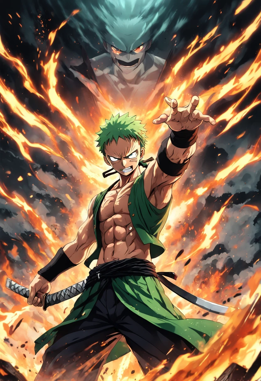 Design a gripping poster featuring zoro from "One Piece" in a fit of rage. Capture the essence of his burning determination and unyielding spirit as he unleashes his wrath upon his enemies. Keep it short, bold, and intense to convey the raw power of zoro's anger., Hypnotic, Androgynous, Gadgetpunk, face shot, Cinema4D rendering, Depth of field, Tapestry, black colors, Classical Realism, glow in the dark lighting, Hyper realistic, dramatic shadows, film noir style, 4k