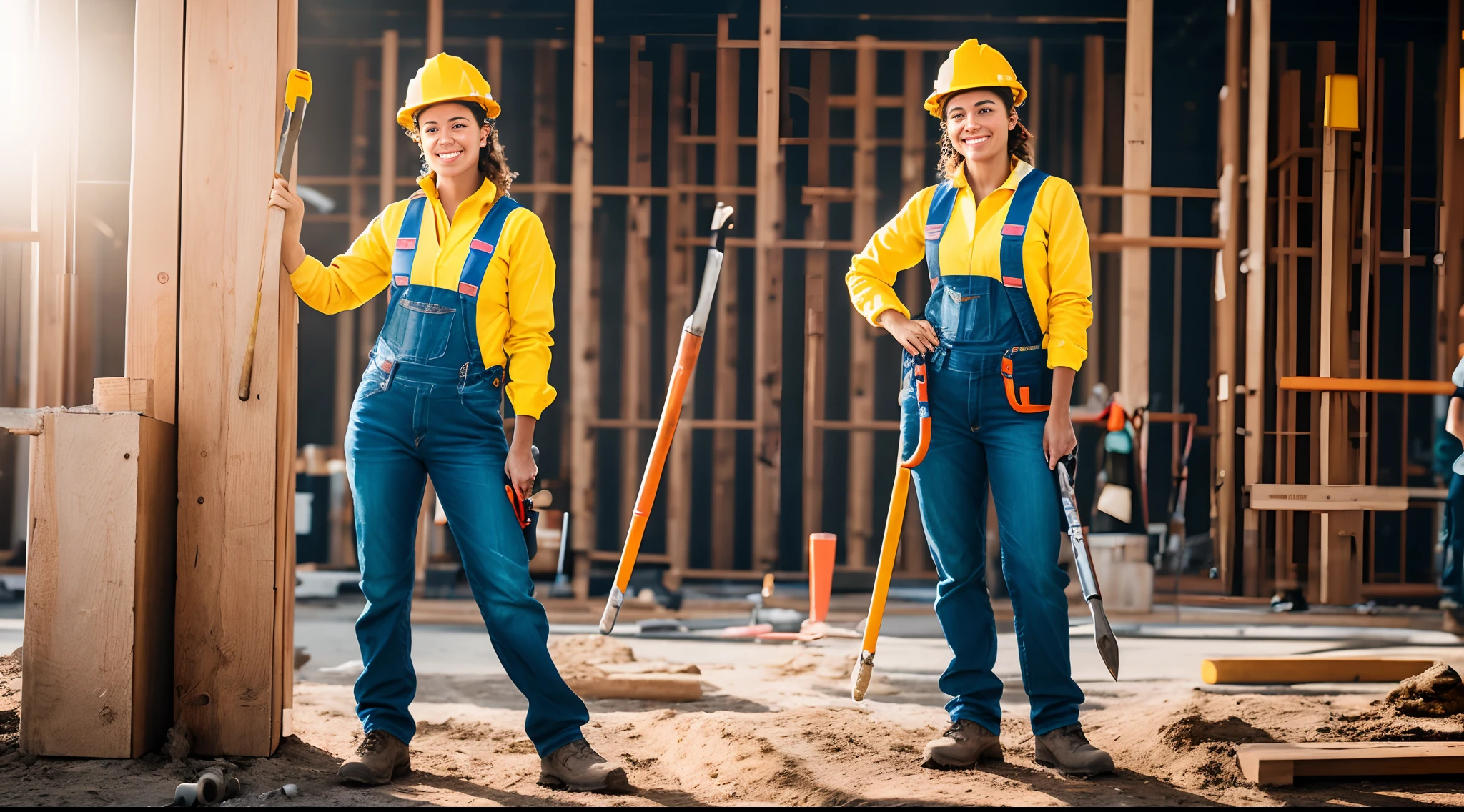 Capturing the essence of empowerment, a cute woman donning a construction worker's outfit, standing confidently with tools in hand, Nikon Z50 with 18-55mm f/3.5-5.6 lens, vibrant outdoor lighting, lifestyle portrait.