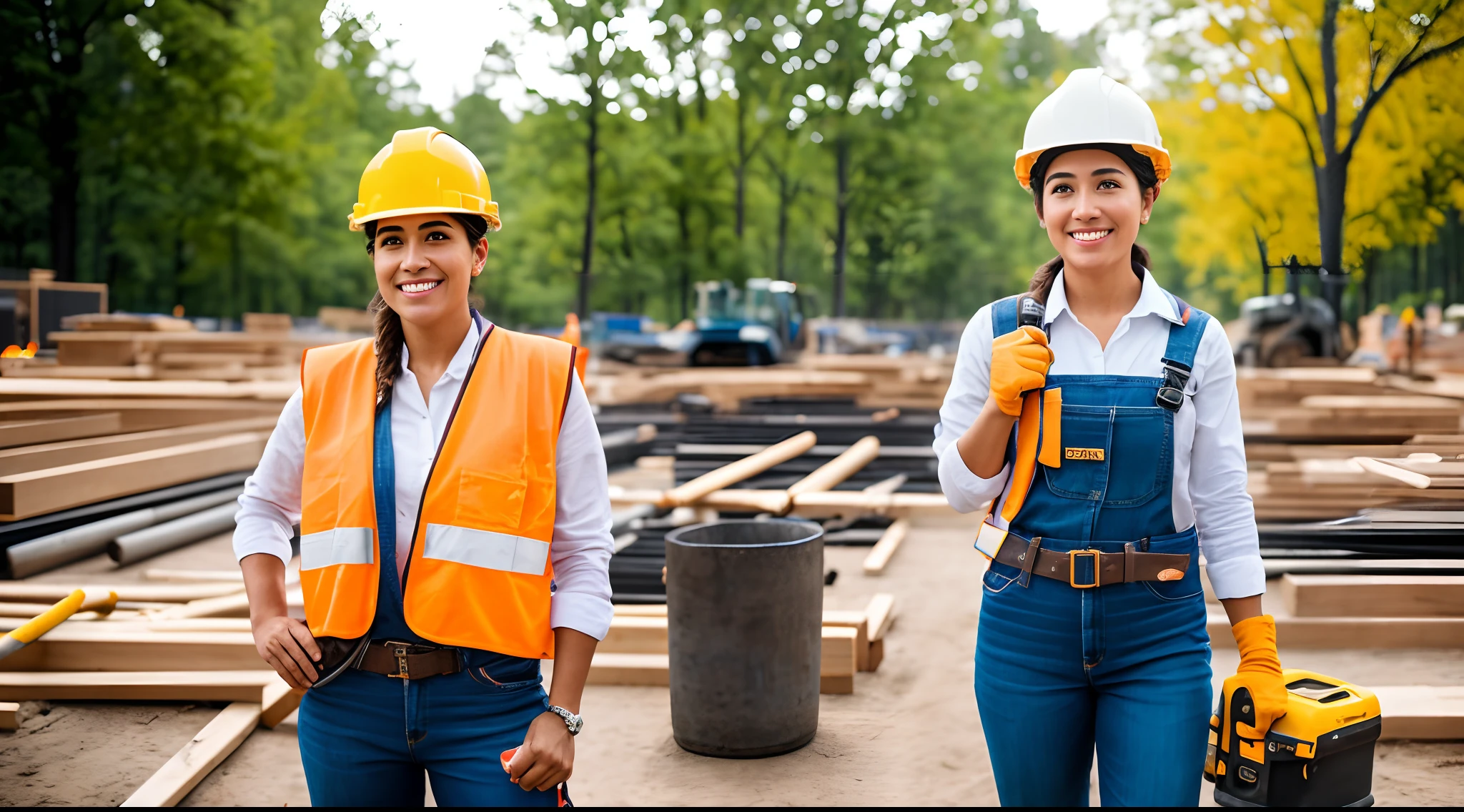 Capturing the essence of empowerment, a cute woman donning a construction worker's outfit, standing confidently with tools in hand, Nikon Z50 with 18-55mm f/3.5-5.6 lens, vibrant outdoor lighting, lifestyle portrait.