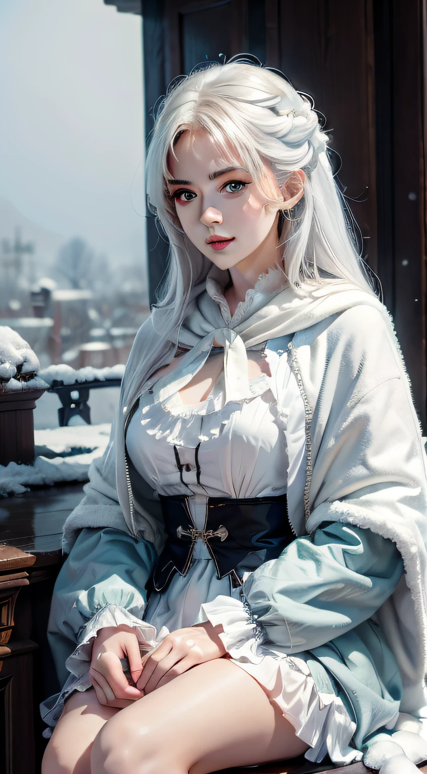 (8K),Photorealistic, high resolution, 1 Women, Solo, (Lolita costume), Beautiful eyes, White hair, ringed eyes, (sitted,Cloak,Cover with snow),snowfield,