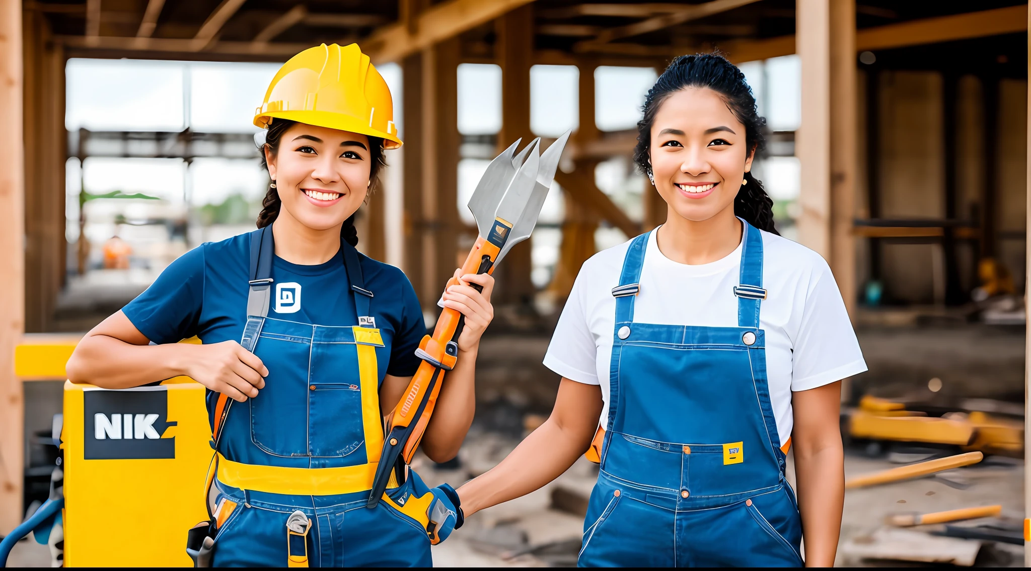 Capturing the essence of empowerment, a cute woman donning a construction worker's outfit, standing confidently with tools in hand, Nikon Z50 with 18-55mm f/3.5-5.6 lens, vibrant outdoor lighting, lifestyle portrait.