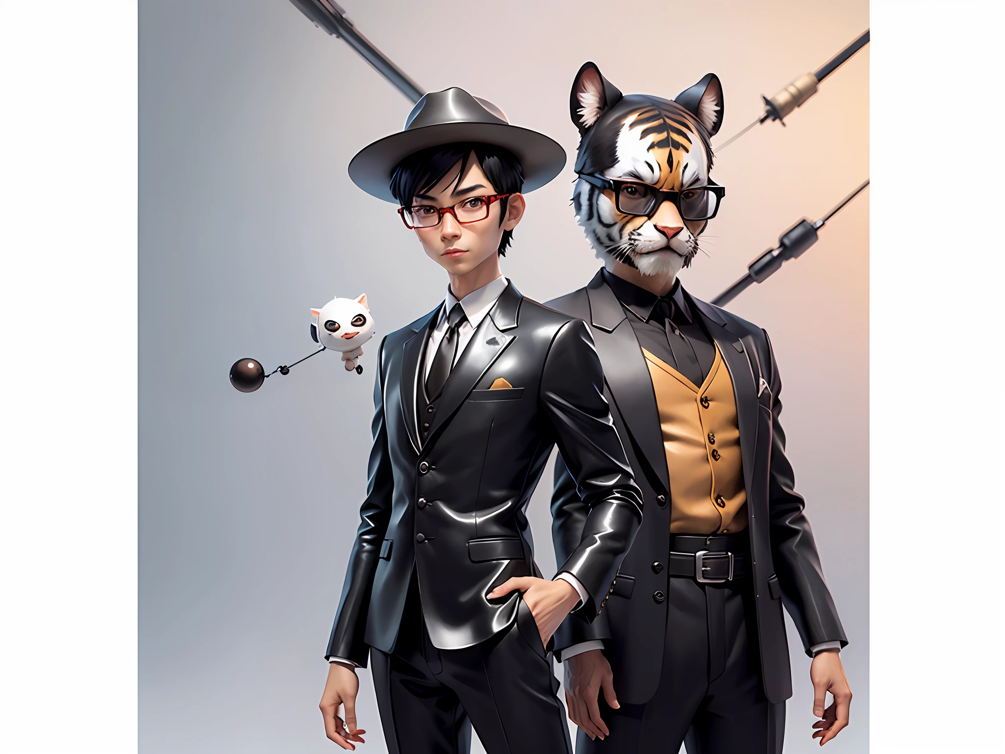 Young man with oriental face in leather hat, tiger, oriental face in formal suit, short black hair, silver glasses, digital painting, 3D character design by Mark Clairedon and Pixar and Hayao Miyazaki and Akira Toriyama, the illustration is a high-definition illustration in 4K resolution with very detailed facial features and cartoon-style visuals.