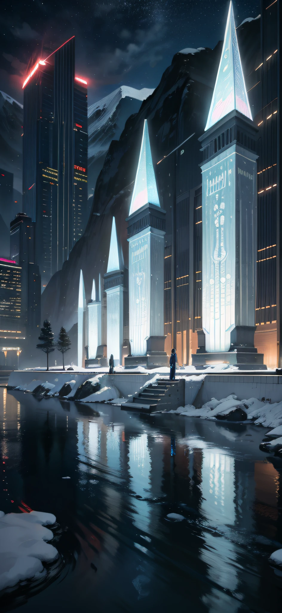 Neon pyramids in abstract style stand under the evening sky, Surrounded by snow-capped mountains and reflections of water. This minimalist composition embodies abstraction, Cinematography, Technology, and Zen