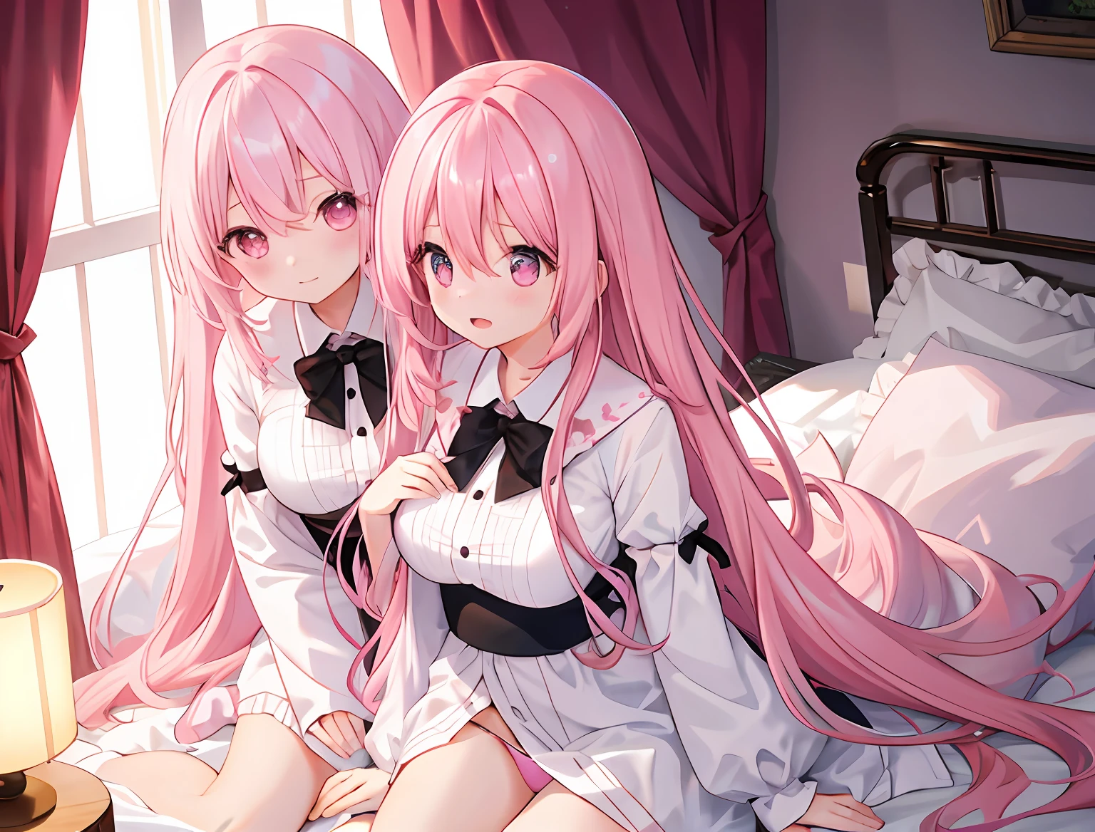 2girls,A pink-haired,long whitr hair,mediuml breasts,比基尼,Breast collision,Light panties