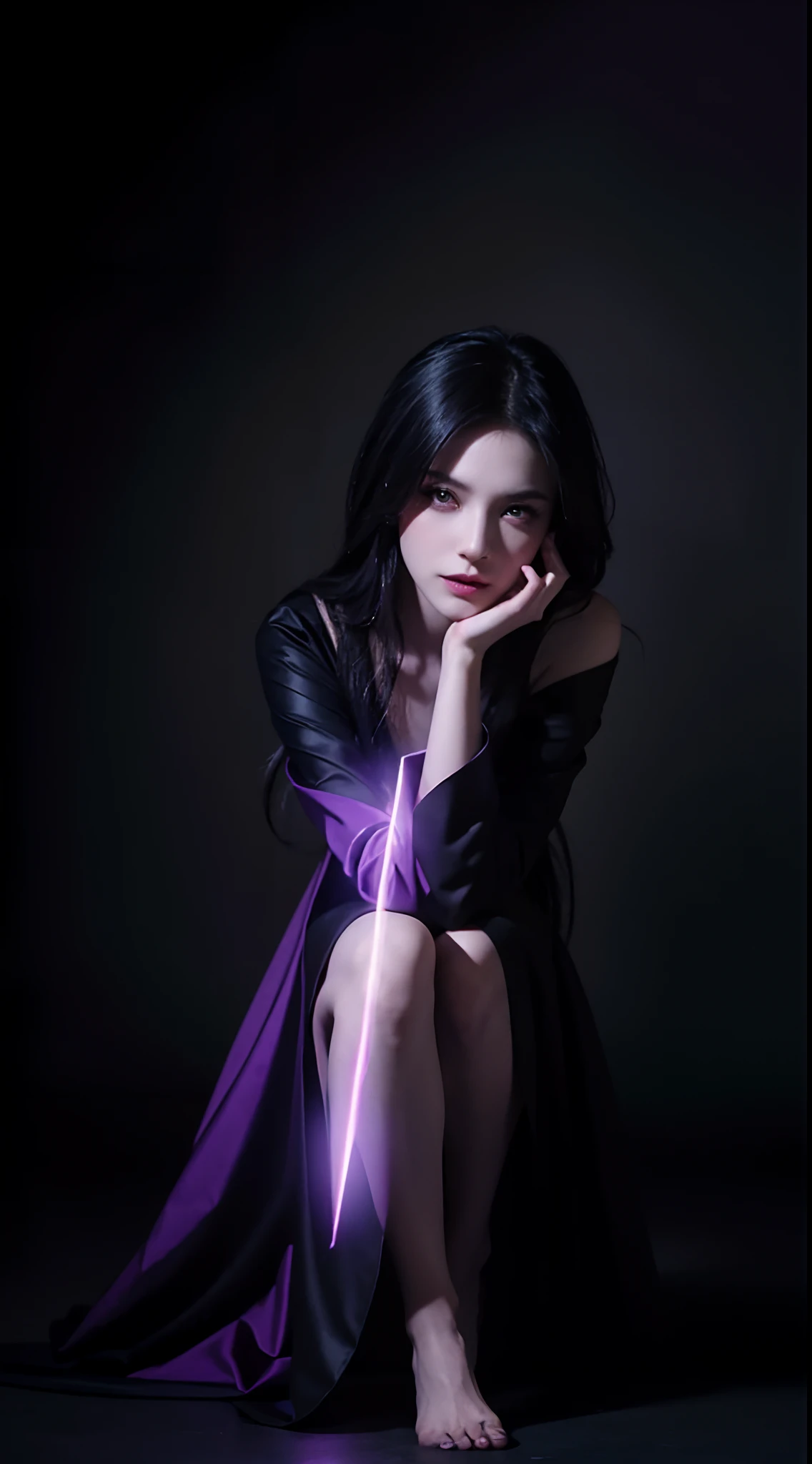 a woman sitting on top of a purple wall, full - body artwork, dark sorceress fullbody pose, carmilla vampire, black and violet costume, fuschia skin, single character full body, very sexxy devil outfit, official character art, full body single character, official character illustration, dark fantasy female magician, detailed gothic cloak, dark witch character, morriganStunning face, breath taking beauty, most beautiful girl, symmetrical anatomy, symmetrical face, perfect detail face, perfect detail eyes, symmetrical face, full body, fancy body, perfect body, full body visible , ultra high detail, ultra-high resolution , sharp detail, hyper realistic,sharp focus, perfect detail anatomy, perfect detail face , perfect detail , eyes , octane rendering , 8k , masterpiece , best quality