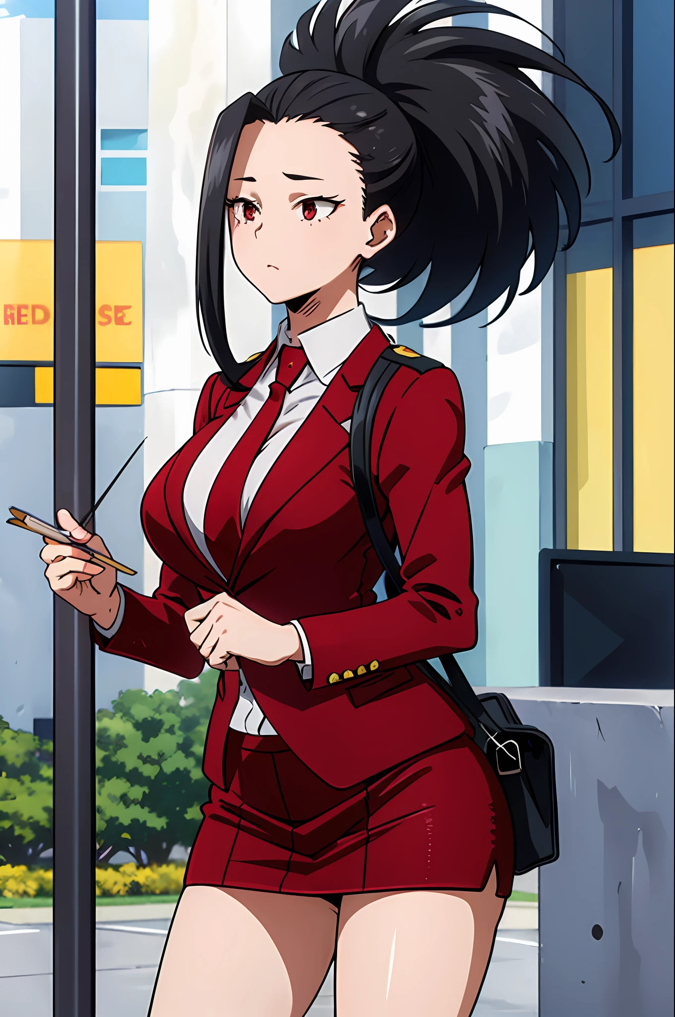 (((masterpiece))), YaoyoruzuMomo, 1girl, solo, skirt, large breasts, black hair, collarbone, ponytail, long sleeves, red skirt suit, red blazer, red necktie, red pencil skirt, (businesswoman), hair pulled back