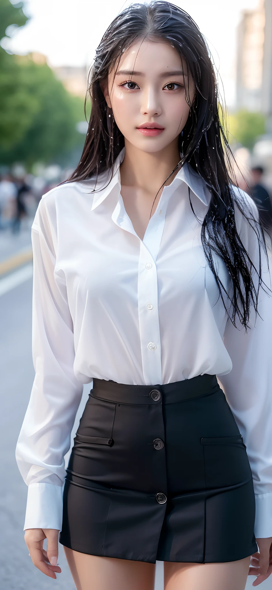 ((Best Quality, 8K, masutepiece: 1.3)), sharp: 1.2, Perfect Body Beauty: 1.4, Slim abs: 1.2, ((Long Hair 1.2)), (Wet white button long shirt: 1.1), crop navel, (Rain, Street: 1.2), Wet: 1.5, Highly detailed facial and skin texture, Fine eyes, Double eyelids, Looking at the camera