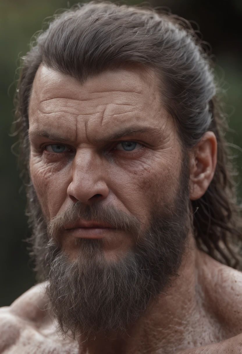 of a real,Facial features are carefully depicted,Realistic skin texture,Thick body barbarian bearded uncle,(male people:1.4),He had a scar on his face,bellow,closeup cleavage,head portrait,Pout,Blue eyes,Short-cut hair of maroon color,depth of fields,dynamic blur,high light,Real light,Ray traching,oc rendered,Hyper-realistic,best qualtiy,8K,Works of masters,super-fine,Detailed pubic hair,Correct anatomy,sharp focus on eyes,Bokeh,Facial features are carefully depicted