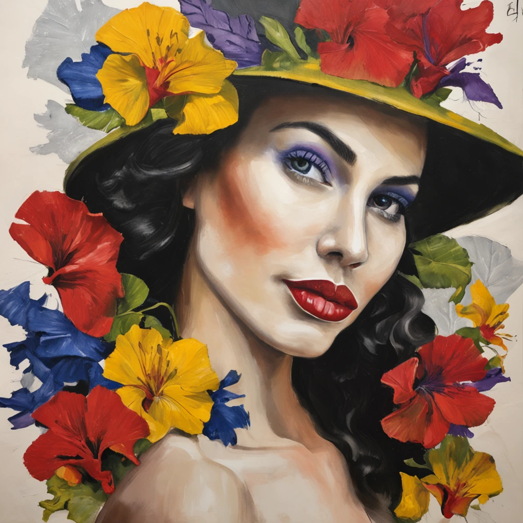 [Em uma folha de caderno de desenho com linhas azuis, A beautiful and intriguing woman looks at the viewer with a faint smile on her lips. Ela tem cabelos longos e escuros, que caem sobre os seus ombros. She wears a black hat adorned with red flowers, yellow and purple on the head. The hat contrasts with the white background of the leaf. The image is a true work of art of pencil painting, inspirada no estilo realista e detalhado de Diego Koi, um famoso artista italiano.]
