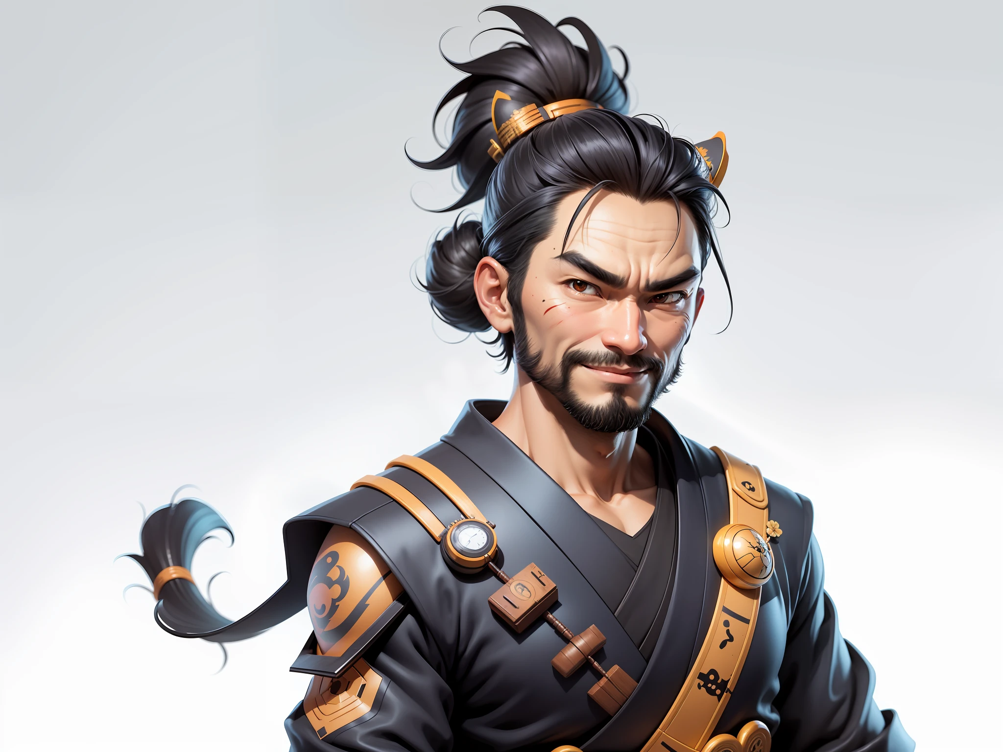 (Daisaku),(Need),(Super meticulous),(full bodyesbian:1.2),Super young man with Japanese geisha，Beautiful，orient，one tiger，Aeolian Thor，Raised sexy，爆乳，Oriental face，TV Anchor，Bust portrait illustration，In black suit，a blue tie，The face is slightly chubby，The face was clean，without a beard，Black super short hair，Black eyes，Smile confidently，3C computer sub-products，iPad， iphone，Digital painting，3D character design by Mark Clairen and Pixar and Hayao Miyazaki and Akira Toriyama，The illustration is a high-definition illustration in 4K resolution，With very detailed facial features and cartoon-style visuals。