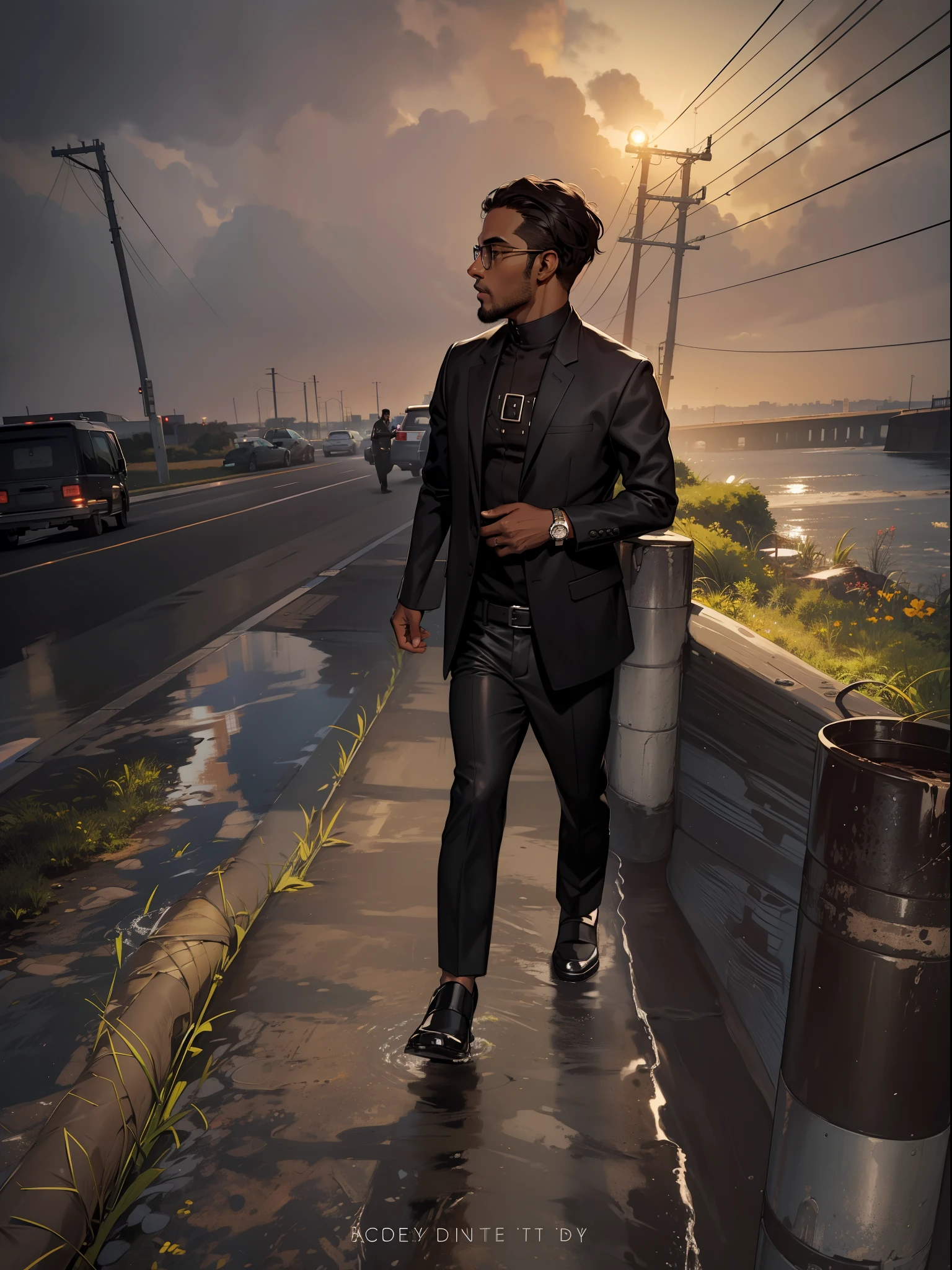 slim black brown skin man with short black hair, with dark brown eyes, wearing a black blazer, wearing a gray silk long-sleeved shirt, wearing black tight leather pants,