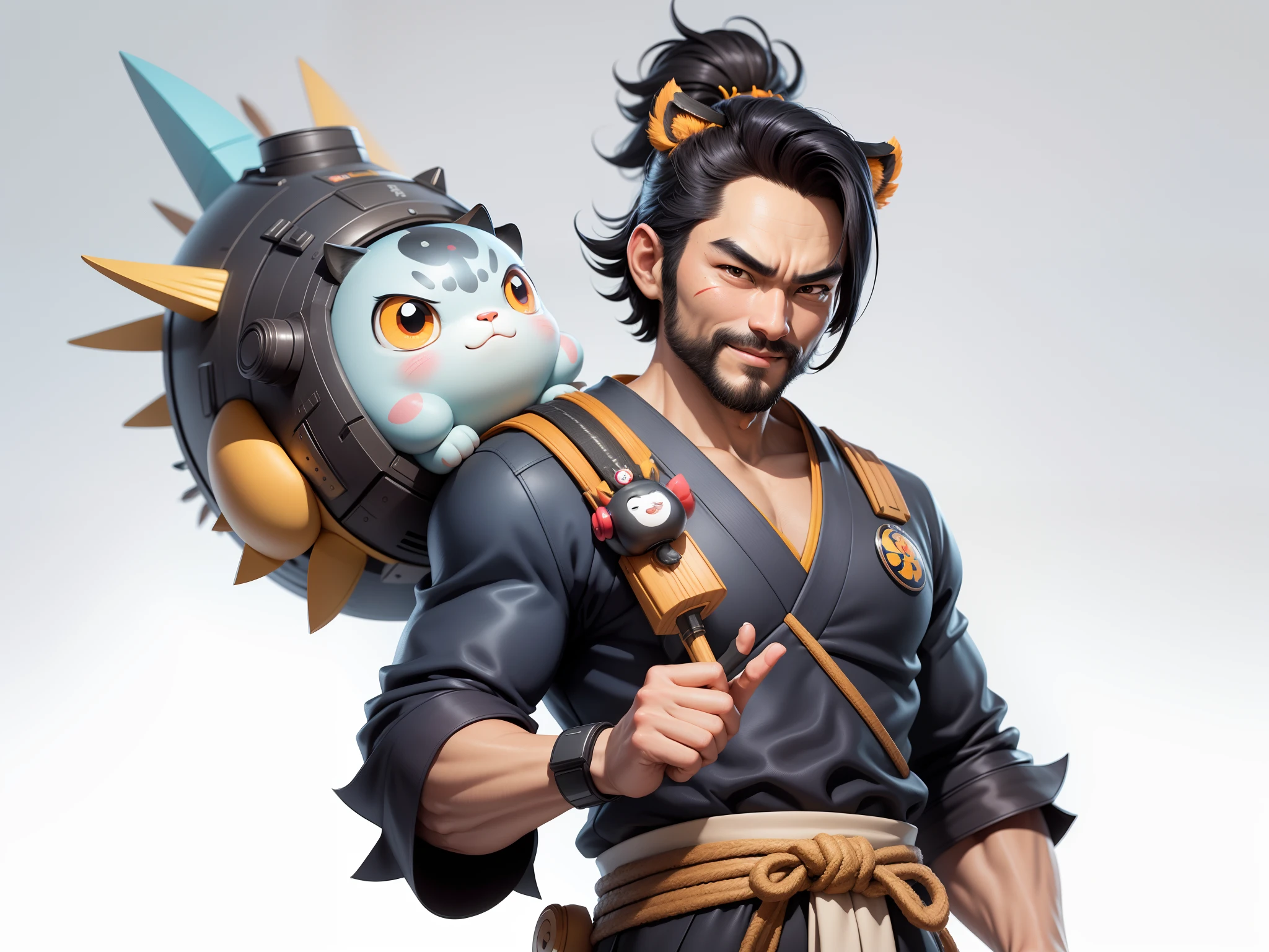 (Daisaku),(Need),(Super meticulous),(full bodyesbian:1.2),Super young man with Japanese geisha,Beautiful,orient,one tiger,Aeolian Thor,Raised sexy,爆乳,Oriental face,TV Anchor,Bust portrait illustration,In black suit,a blue tie,The face is slightly chubby,The face was clean,without a beard,Black super short hair,Black eyes,Smile confidently,3C computer sub-products,iPad, iphone,Digital painting,3D character design by Mark Clairen and Pixar and Hayao Miyazaki and Akira Toriyama,The illustration is a high-definition illustration in 4K resolution,With very detailed facial features and cartoon-style visuals。
