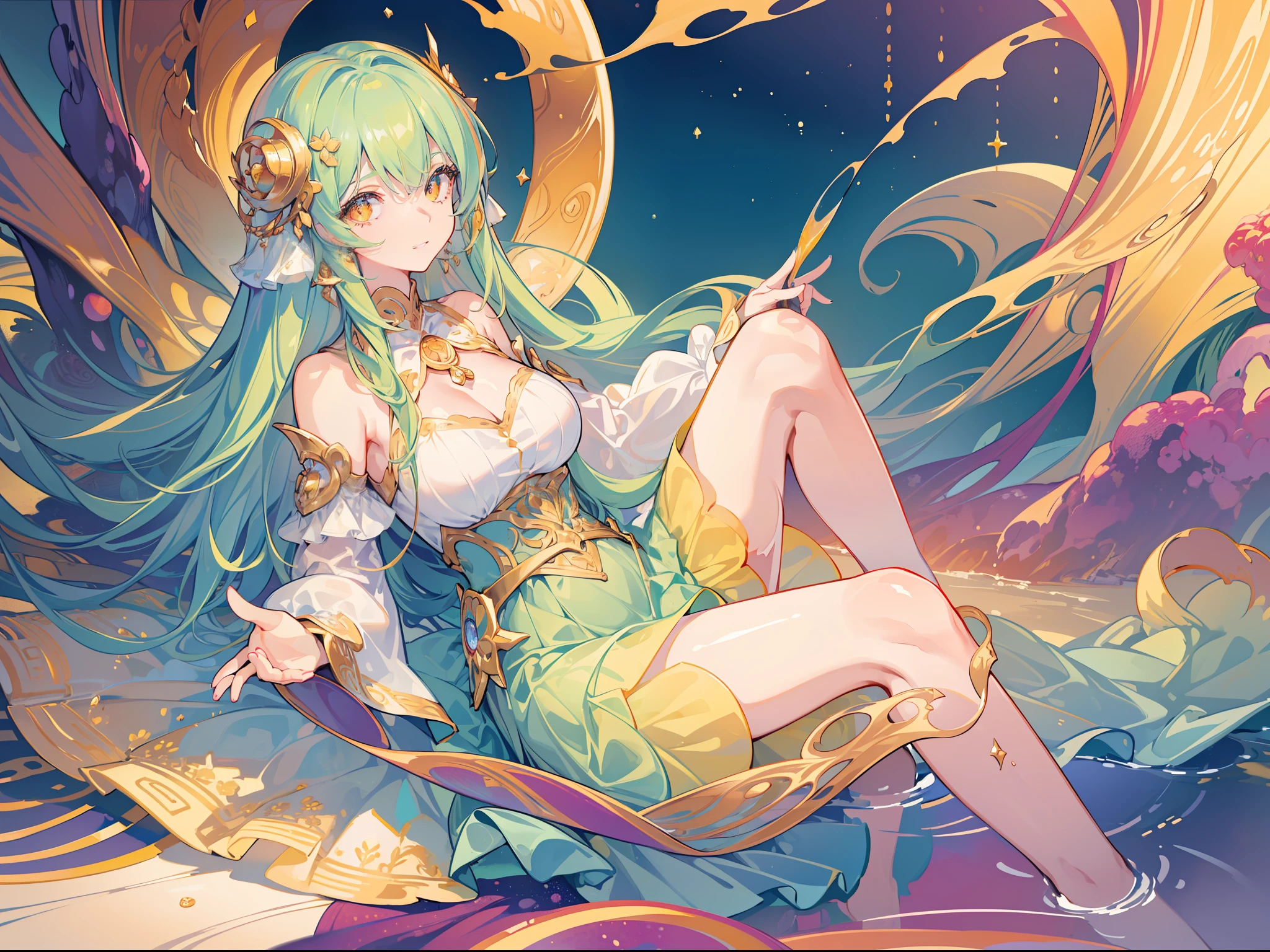 masterpiece, best quality, 8k resolution, sharp focus, intricate detail, beautiful girls, 2girls, 3girls, sparkling eyes, golden ratio face, otherworldly liquid, watercolor, warm colors, bright colors, whimsical, colorful, sharp focus, high resolution, fine detail, ((layered tiered puffy long sleeves ballgown)), ((round eyes)), iridescent bubbles, fantasia background