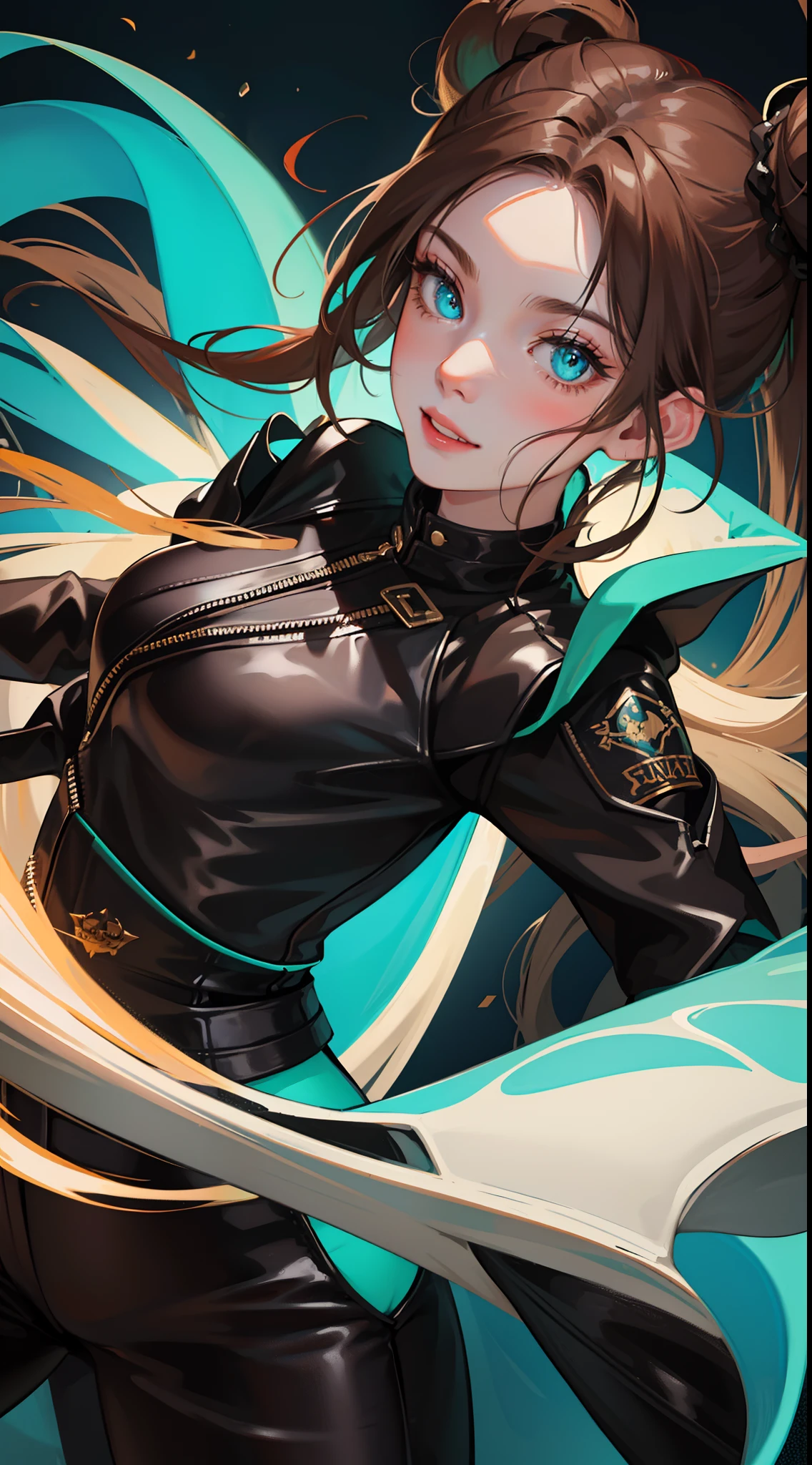 Adult woman, Long brown hair, hair in a bun, Cyan eyes, dragon horns, black tight pants, Black tight top, White leather jacket, ssmile, Masterpiece, hiquality