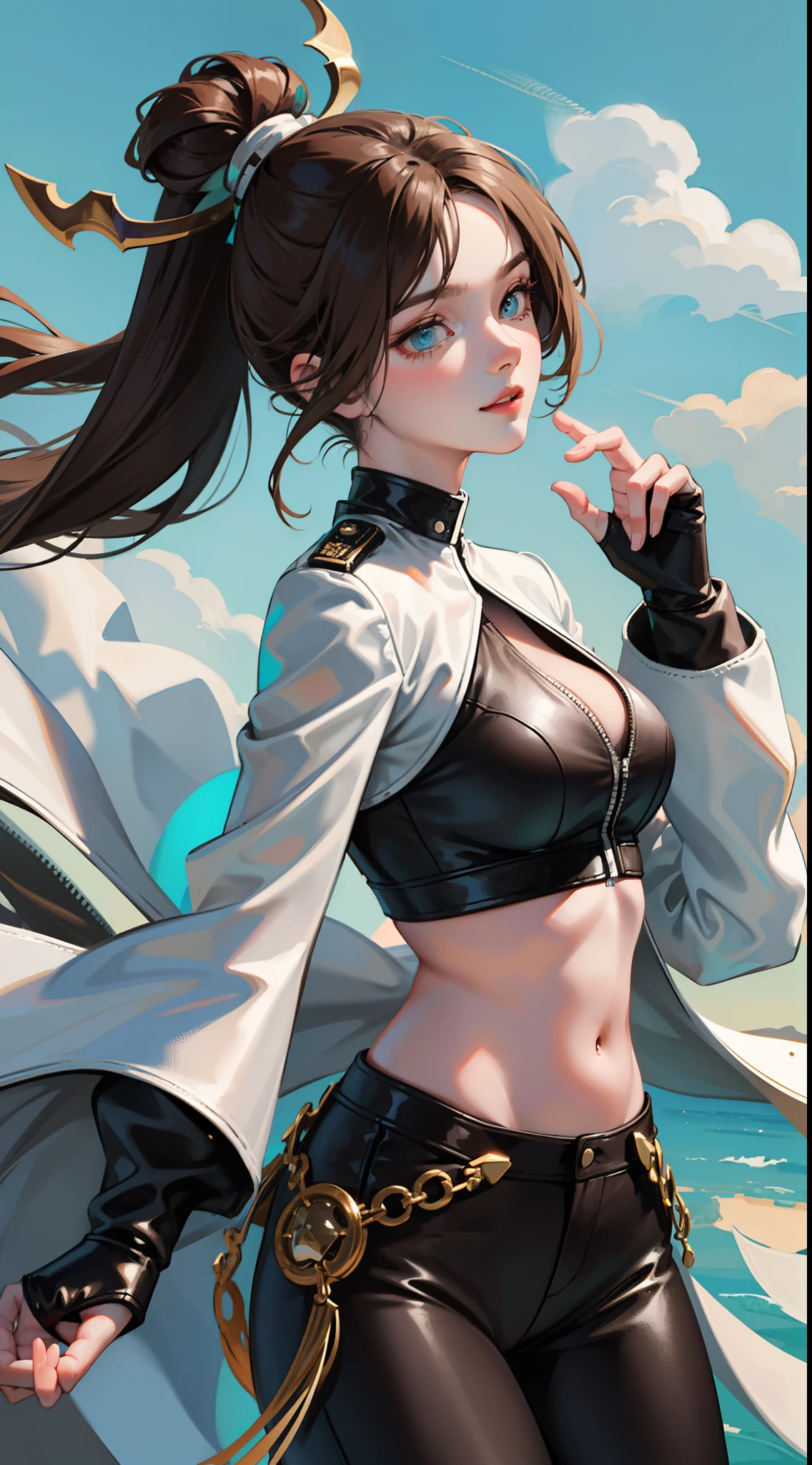 Adult woman, Long brown hair, hair in a bun, Cyan eyes, dragon horns, black tight pants, Black tight top, White leather jacket, ssmile, Masterpiece, hiquality
