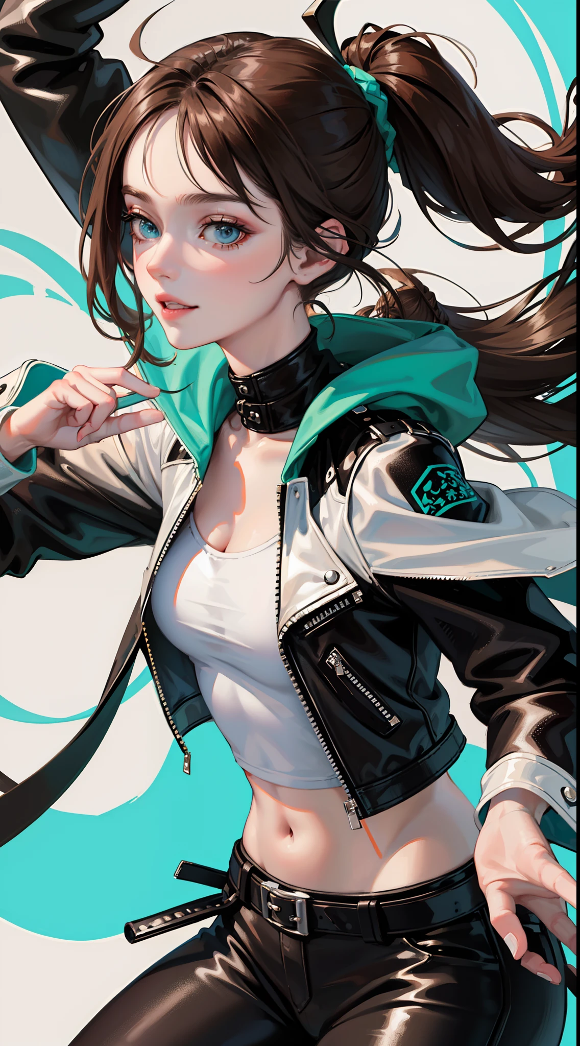 Adult woman, Long brown hair, hair in a bun, Cyan eyes, dragon horns, black tight pants, Black tight top, White leather jacket, ssmile, Masterpiece, hiquality