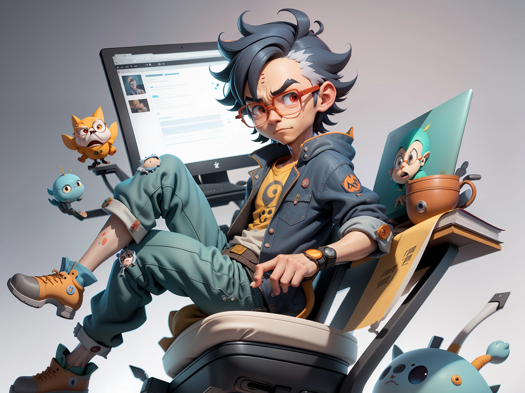 A young man with glasses sits at his desk，holding laptop，digitial painting，3D character design by Mark Clairen and Pixar and Hayao Miyazaki and Akira Toriyama，4K HD illustration，Very detailed facial features and cartoon-style visuals。