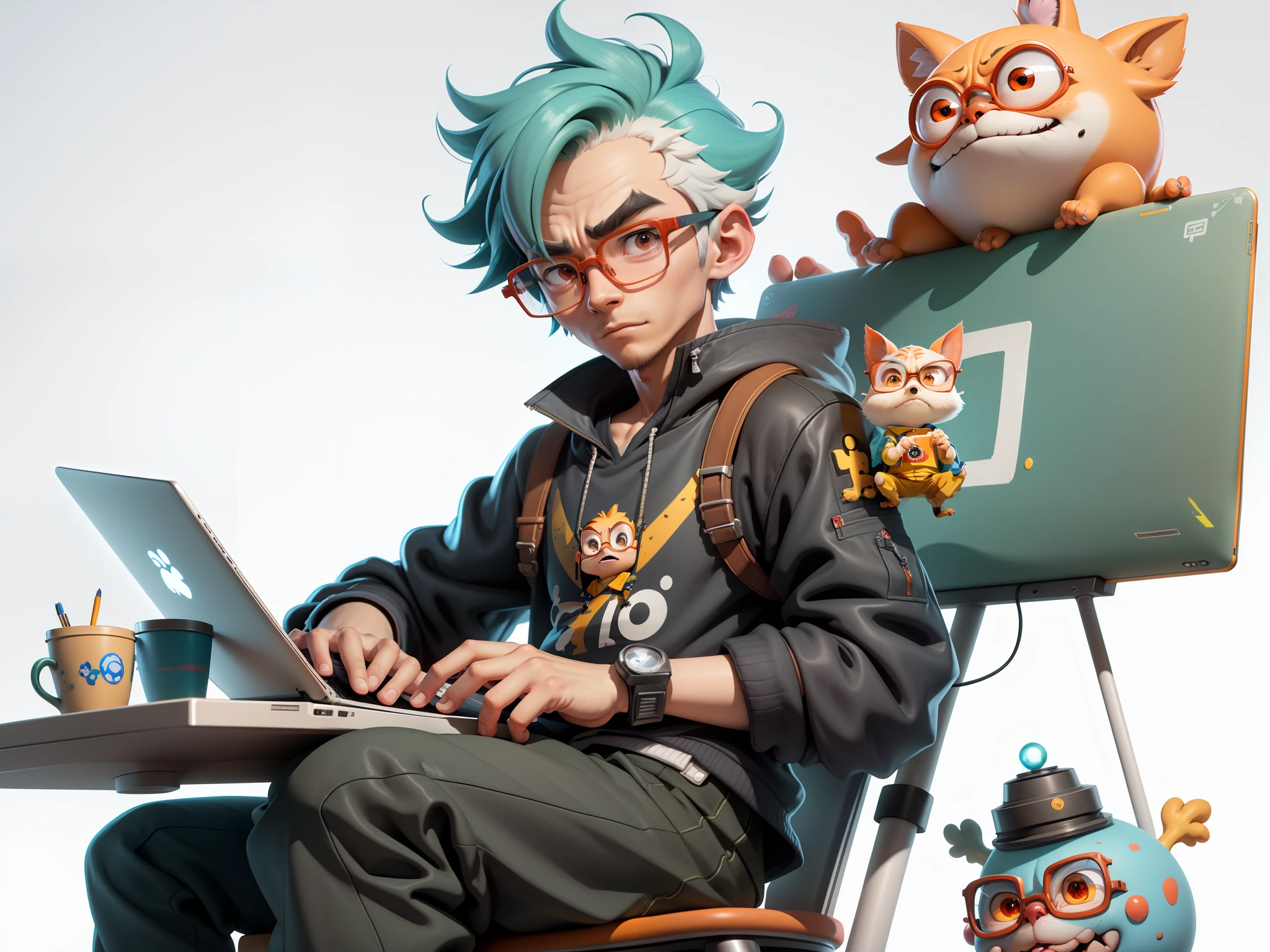 A young man with glasses sits at his desk,holding laptop,digitial painting,3D character design by Mark Clairen and Pixar and Hayao Miyazaki and Akira Toriyama,4K HD illustration,Very detailed facial features and cartoon-style visuals。