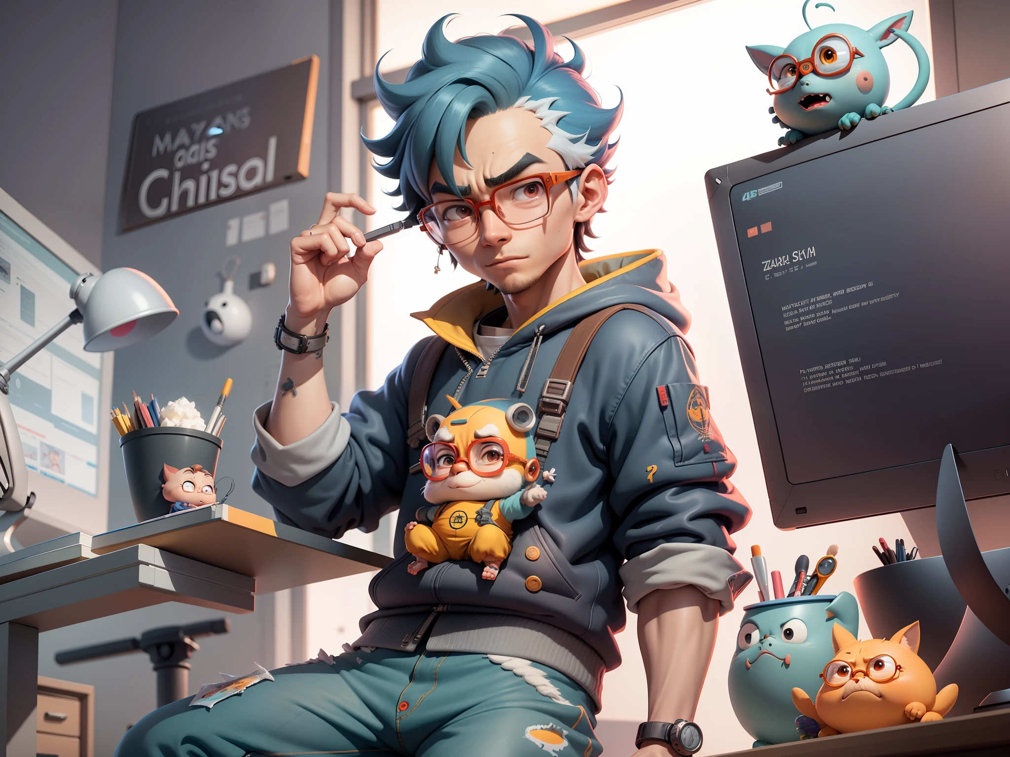 A young man with glasses sits at his desk,holding laptop,digitial painting,3D character design by Mark Clairen and Pixar and Hayao Miyazaki and Akira Toriyama,4K HD illustration,Very detailed facial features and cartoon-style visuals。