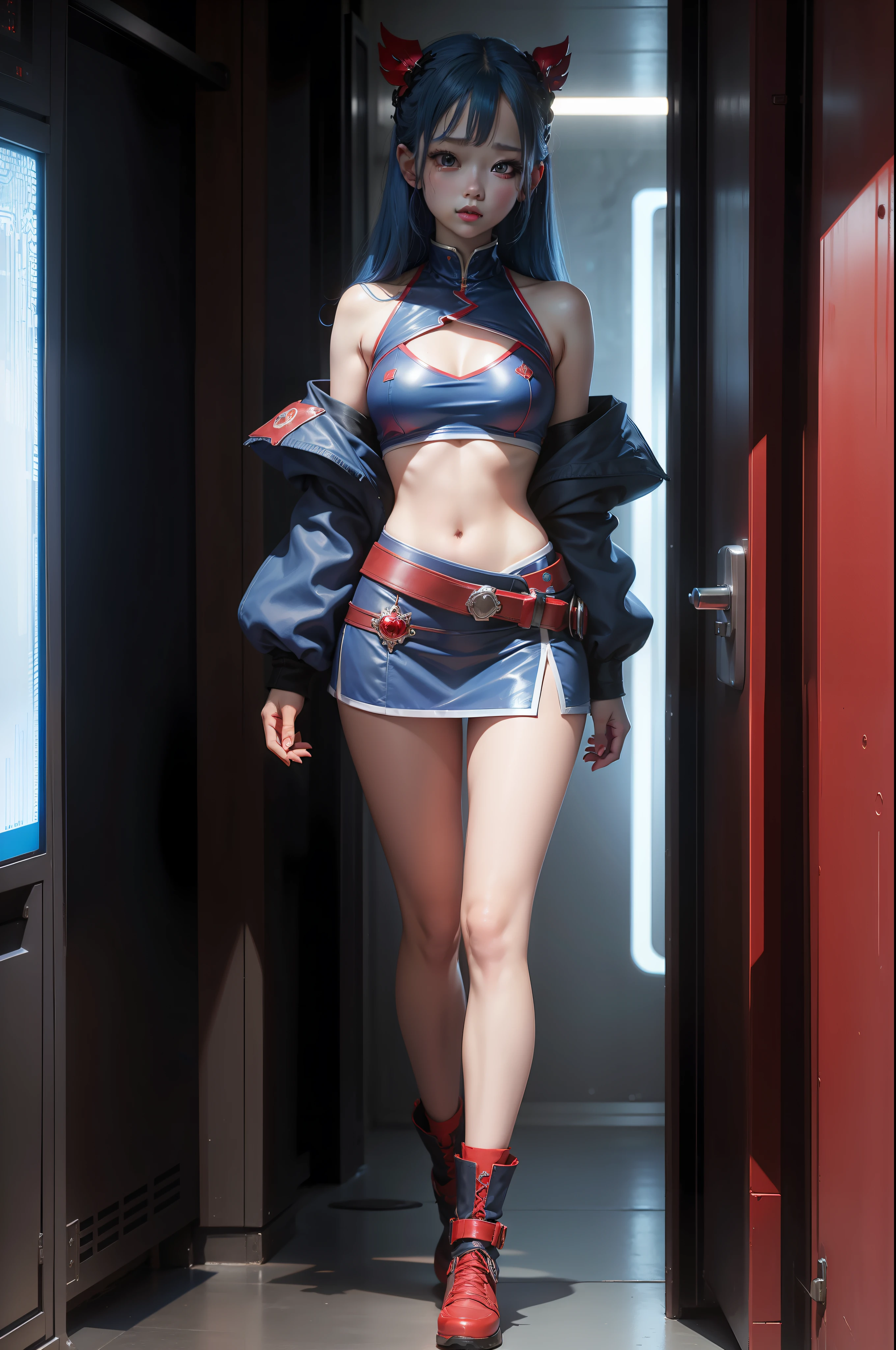 full body view, blue hair with red lights, kim chaewon, cute face, fantasy revealing outfit, exposed body, small breast, exposed midriff, is standing. The photo is taken in UHD 4K and is very detailed.