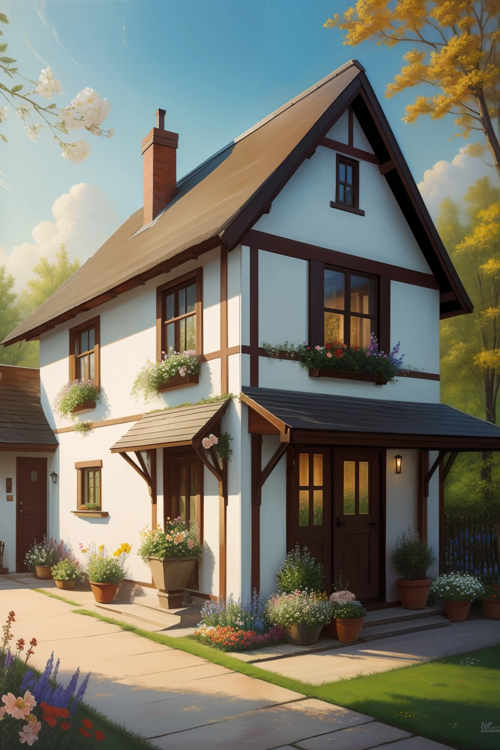 an oil painting of a cottage full of flowers around the house