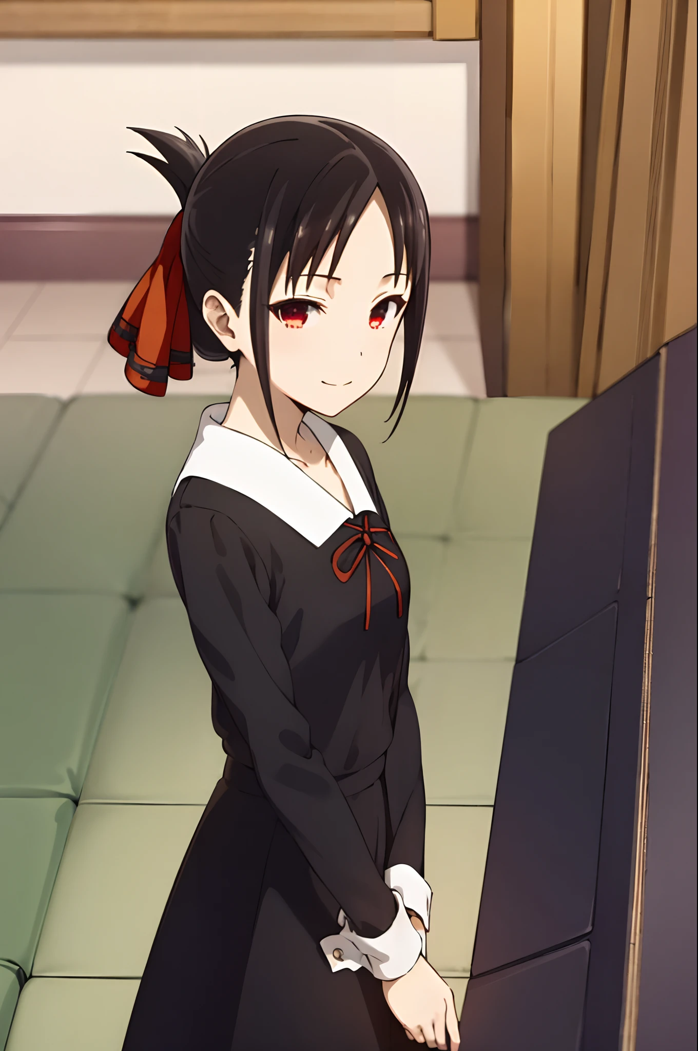 best quality, (masterpiece:1.2), detailed,
shinomiya kaguya,
1girl, solo, closed mouth, light smile,
black hair, red eyes, short hair, folded ponytail, hair ribbon,
school uniform, black dress, long sleeves, red ribbon,
standing, looking at the viewer,
classroom