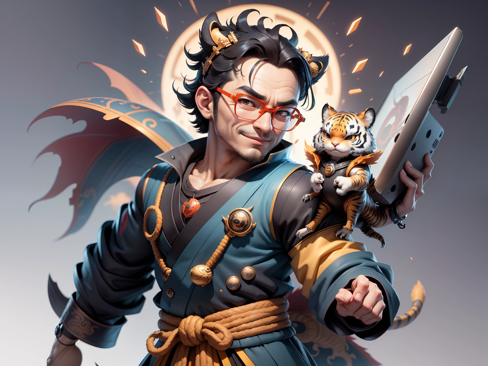 (Masterpiece), (Excellent), (Super Meticulous), (Full Body: 1.2), Super Young Man with Japanese Female Geisha, Pretty, Beautiful, Chinese Dragon, Tiger, Wind God Thor, Sexy, Bursting, Oriental Face, TV Anchor, Bust Portrait Illustration, Black Suit, Blue Tie, Slightly Chubby Face, Silver Glasses, Very Clean Face, No Beard on Chin, Black Super Short Hair, Black Eyes, Confident Smile, 3c Computer Sub-Products, iPad, iPhone, Digital Painting, 3D character design by Mark Clairedon and Pixar and Hayao Miyazaki and Akira Toriyama, the illustrations are HD illustrations in 4K resolution with highly detailed facial features and cartoon-style visuals.