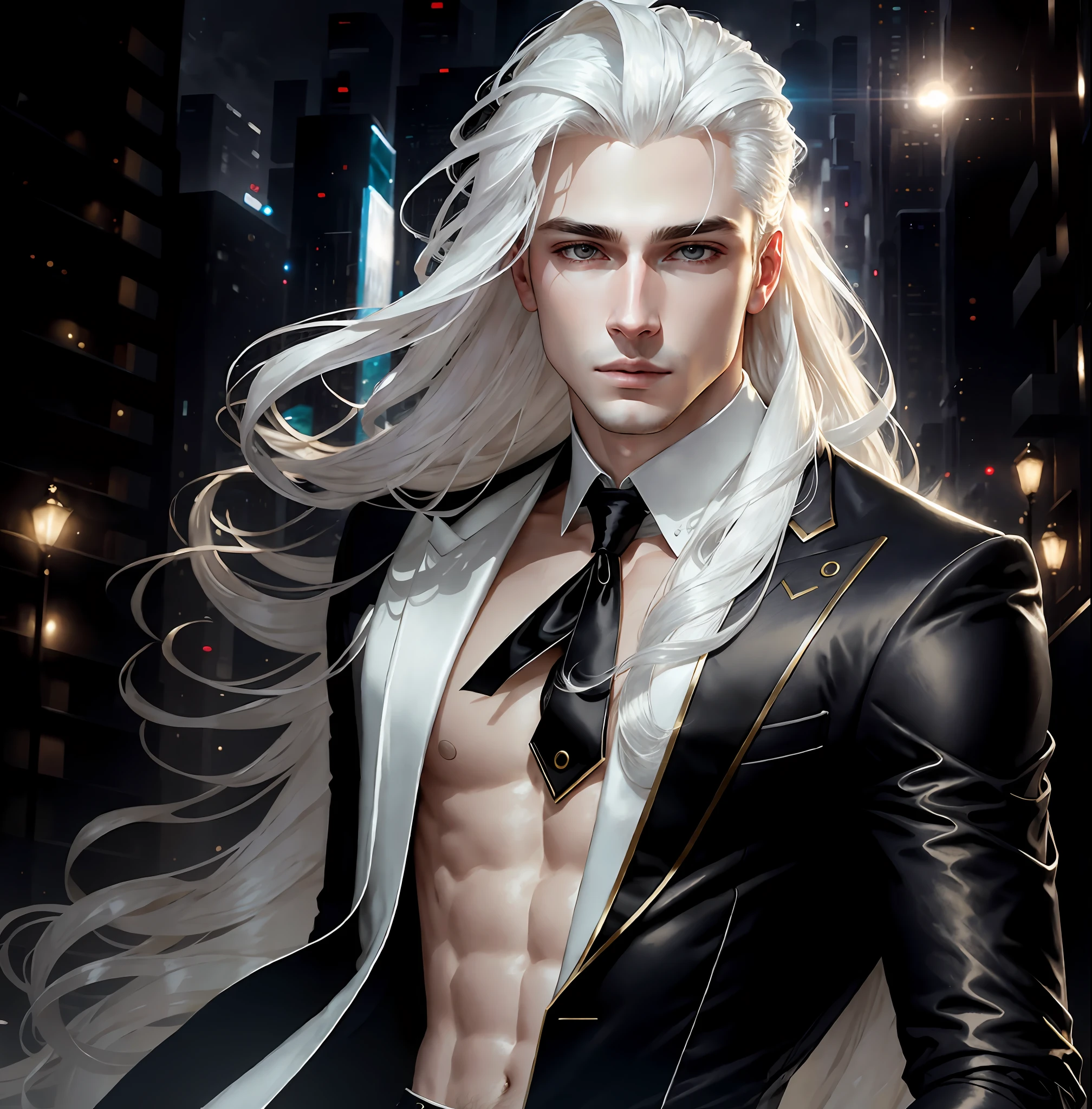 masterpiece, highest quality, (solo focus), (perfect face:1.1), (high detail:1.1), dramatic, 1guy, (pale skin), long white hair, white eyes, [light eyebrows], solo, long hair, moon, night, white luxury suit, covered navel, pouty lips, covered, futuristic city, detailed background, art by artgerm and greg rutkowski, cinematic lighting, roses, fashion, BalenciagaStyle