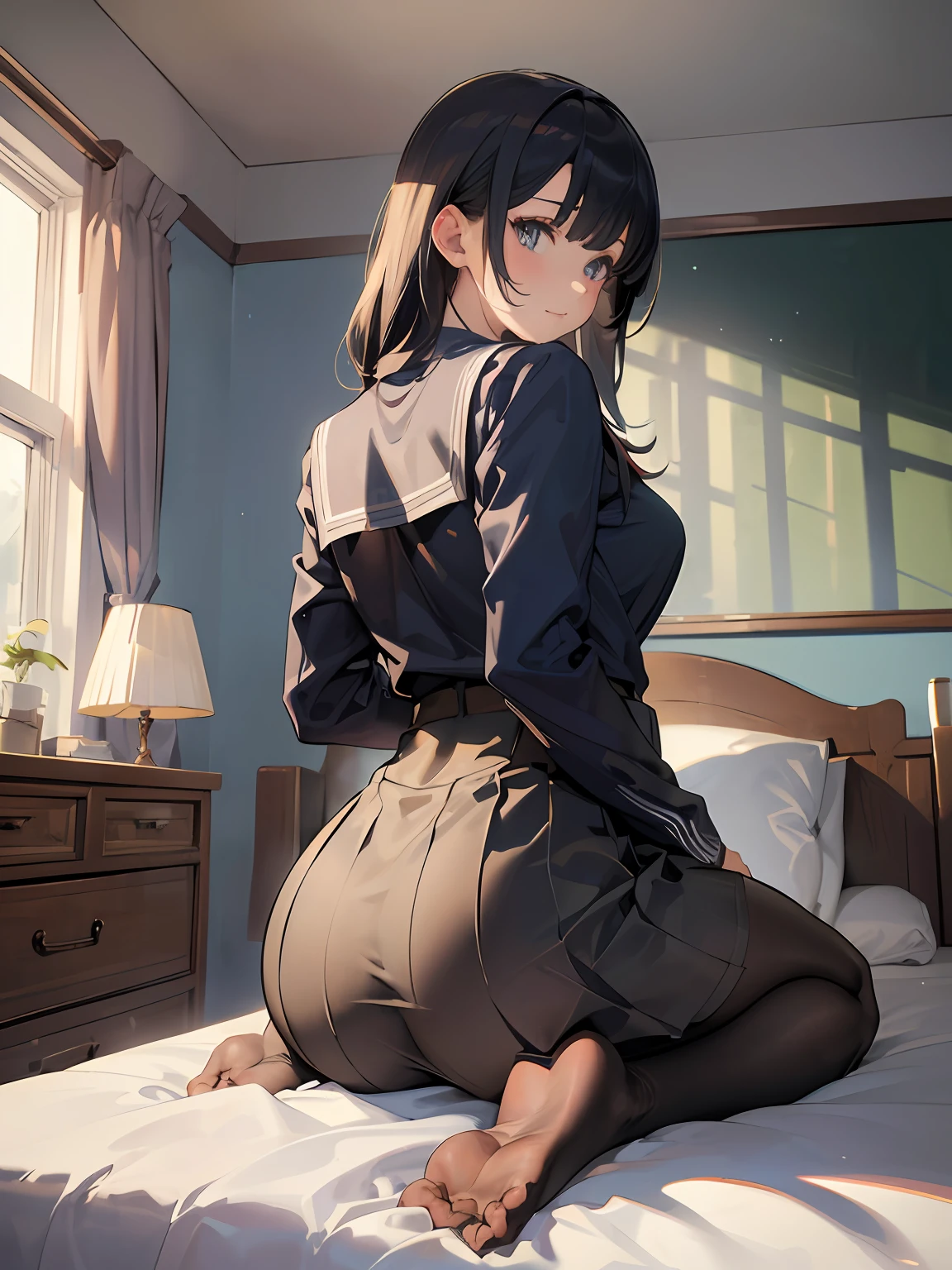 ((masterpiece，Best quality))，Beautiful quality，looking at viewert，Detailed lighting，Extremely detailed skin，Extremely detailed hair，Extremely detailed，shadowing，8K：1.2）girl:1.1, tight clothes, (extremely detailed eyes), soft smile, close ass, pov behind her, facing back, sitting on bed, ((schoolgirl uniform))