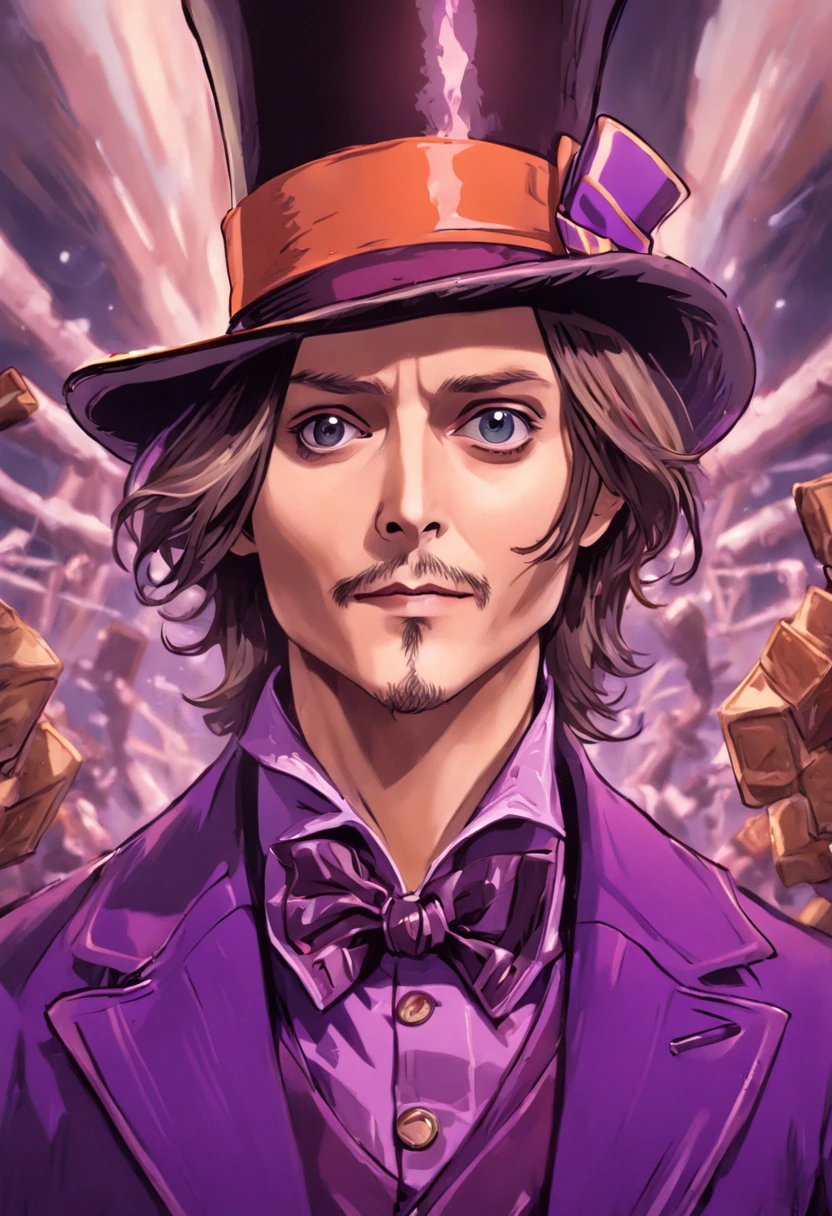 (((close rosto (Johnny Depp personagem Willy Wonka) The Fantastic Chocolate Factory))), (((Chocolate bar in hand))), editorial photo Vogue Italy, movies on Hasselblad H4D 200MS Digital Camera, (((Ultra realista))), (((super detalhada))), foto natural, Filmed by professional camera, corte americano, corte americano, enquadramento americano, HDR, 16k