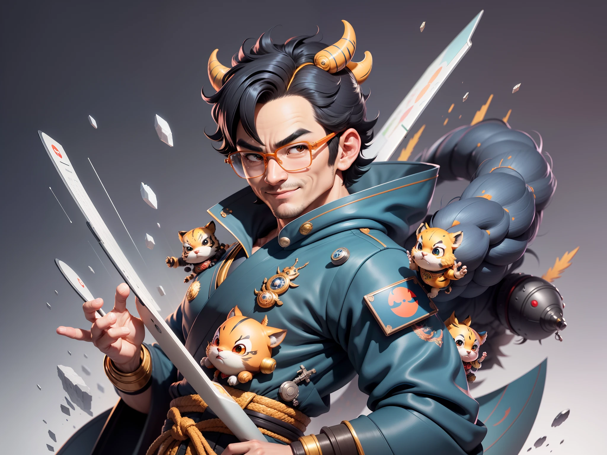 (Masterpiece), (Excellent), (Super Meticulous), (Full Body: 1.2), Super Young Man with Japanese Female Geisha, Pretty, Beautiful, Chinese Dragon, Tiger, Wind God Thor, Sexy, Bursting, Oriental Face, TV Anchor, Bust Portrait Illustration, Black Suit, Blue Tie, Slightly Chubby Face, Silver Glasses, Very Clean Face, No Beard on Chin, Black Super Short Hair, Black Eyes, Confident Smile, 3c Computer Sub-Products, iPad, iPhone, Digital Painting, 3D character design by Mark Clairedon and Pixar and Hayao Miyazaki and Akira Toriyama, the illustrations are HD illustrations in 4K resolution with highly detailed facial features and cartoon-style visuals.