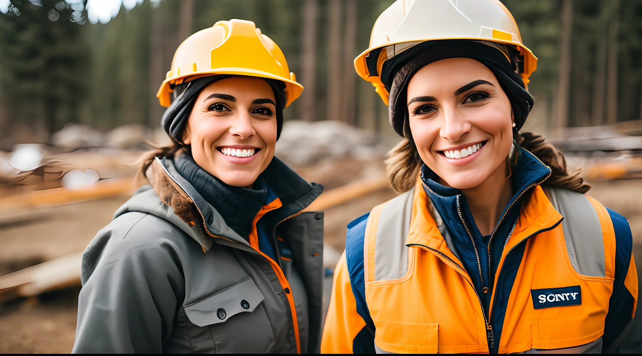 A delightful scene of a woman, her warm smile contrasting with her rugged attire, portraying strength as a construction worker, Sony A6400 with 16-50mm f/3.5-5.6 lens, balanced outdoor light, lifestyle photography.