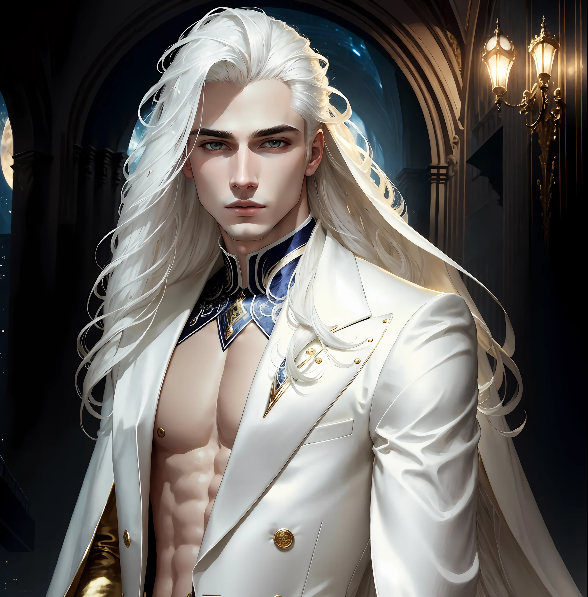 masterpiece, highest quality, (solo focus), (perfect face:1.1), (high detail:1.1), dramatic, 1guy, (pale skin), long white hair, white eyes, [light eyebrows], solo, long hair, moon, night, white luxury suit, covered navel, pouty lips, covered, futuristic city, detailed background, art by artgerm and greg rutkowski, cinematic lighting, roses, fashion, BalenciagaStyle