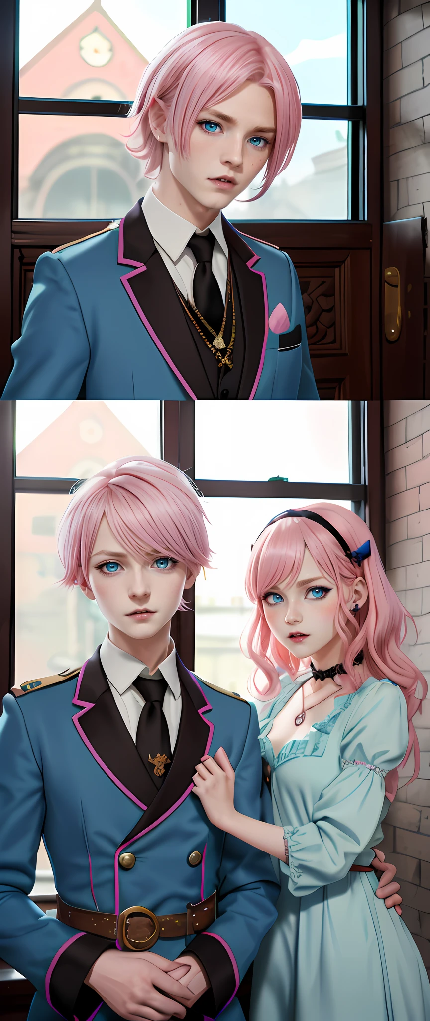 masterpiece, top-quality, 2Others, ((Paternity)), 1 man and 1,, Adults, Height difference, different color, finely eye and detailed face, intricate detailes, Wizarding World Costumes, Inside the coffee shop, During the walk, (( boy and woman side by side)), A smile, Happiness, tenderness, youthfulness, high-level image quality、 Beautiful men and women、tall、window、𝓡𝓸𝓶𝓪𝓷𝓽𝓲𝓬、British men, Idol Photos, k pop, Professional Photos, ((Vampire Man and Witch)), Fedoman with necklace, inspired by Sim Sa-jeong, androgynous vampire, :9 detailed face: 8, extra detailed face, detailed punk hair, ((Light blue eyes)) baggy eyes, Seductive. Highly detailed, semi realistic anime, Vampires, hyperrealistic teen, delicate androgynous prince, imvu, short hair above the ears, Man with short hair, Woman with long hair, With a man with a glaring expression, Woman with a gentle expression, ((Littleshboy with short pink hair and light blue eyes)), ((Woman with pretty long pink hair and light blue eyes)), ((Pink haired boy short))