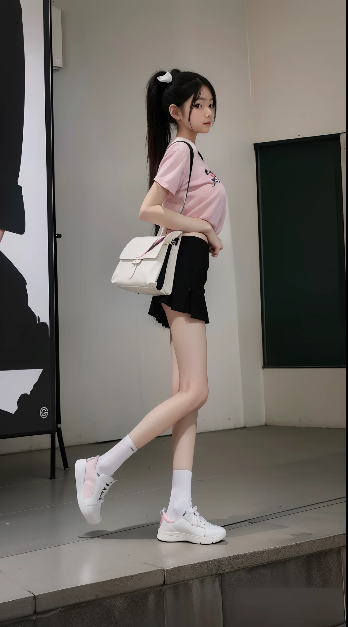 (8k, RAW photos, top quality, masterpiece: 1.2), (realistic, photorealistic: 1.37), (Profesional photography), (High Quality), (Ultra realistic), (High Details), (Face detail), (Shadow Detail), 1 korea girl, ((15 years old), black hair, ponytail, pink shirt, black short skirt, (Big breast G Cup), small body, white shoes, bag, background bokeh, Loli, school, white socks, black shoes, full body, low angle shoot